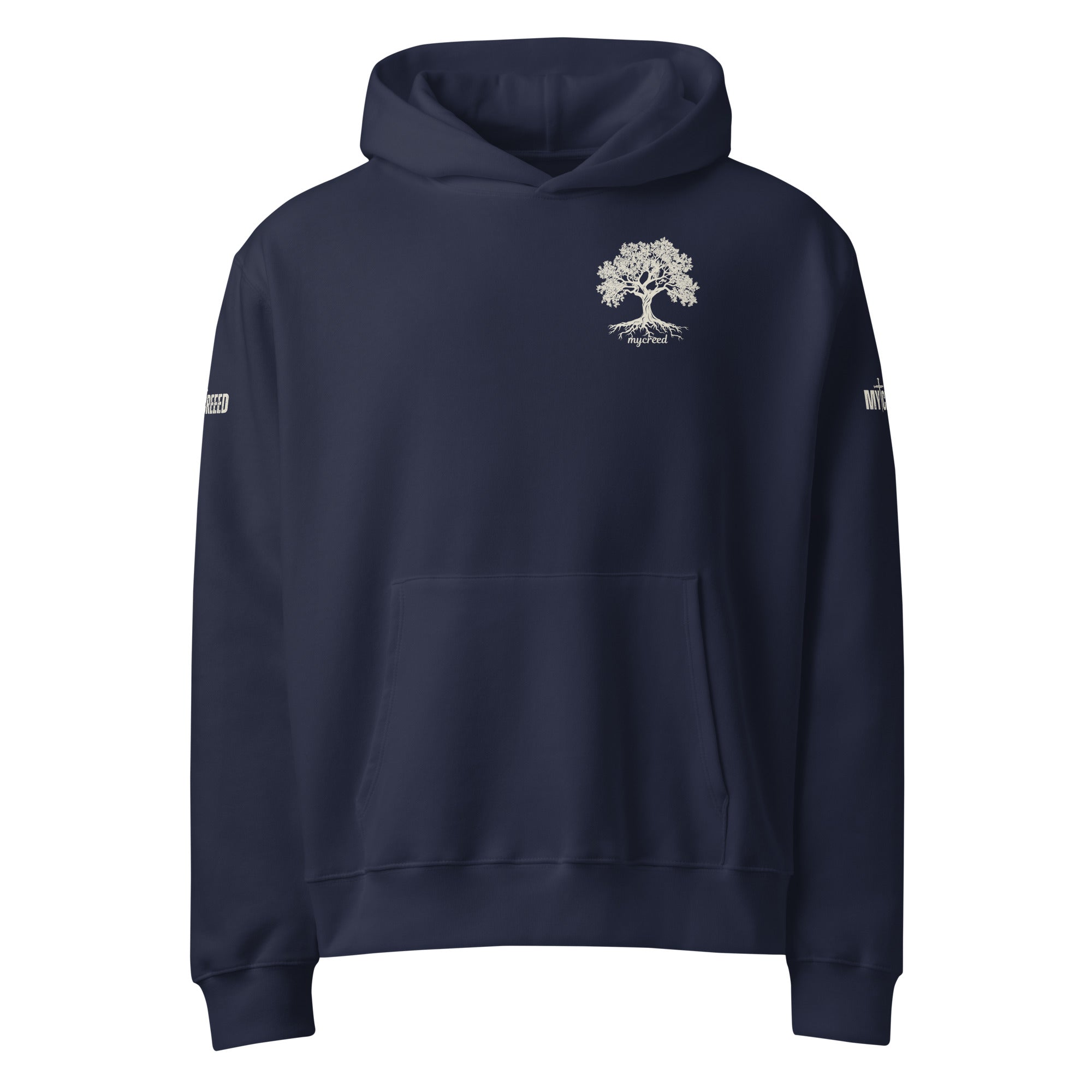Navy pullover hoodie back view showing blank back with hood and collar seam detail by MyCreed™