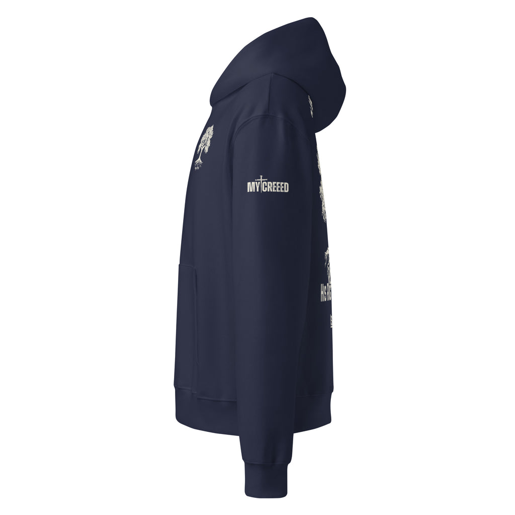 Navy pullover hoodie left side profile showing hood drape and sleeve print by MyCreed™