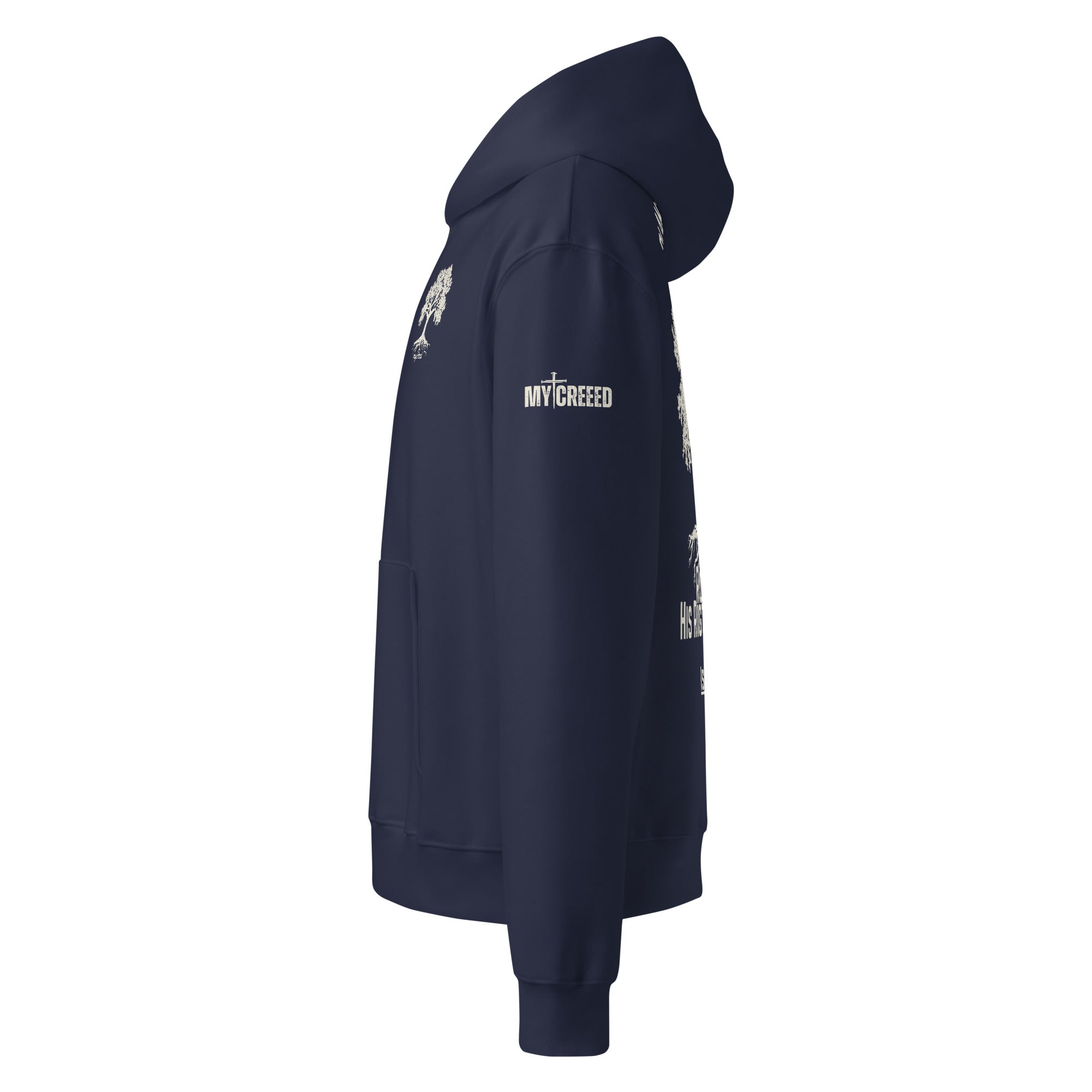 Navy pullover hoodie left side profile showing hood drape and sleeve print by MyCreed™