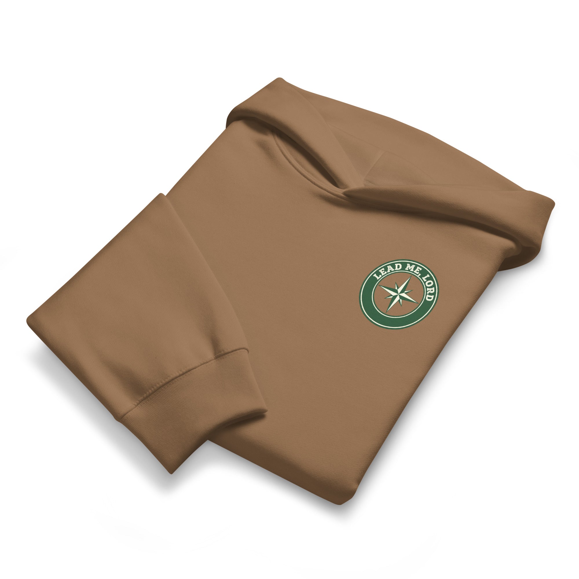 Folded vintage brown hoodie highlighting chest emblem and premium fabric texture, by MyCreed™