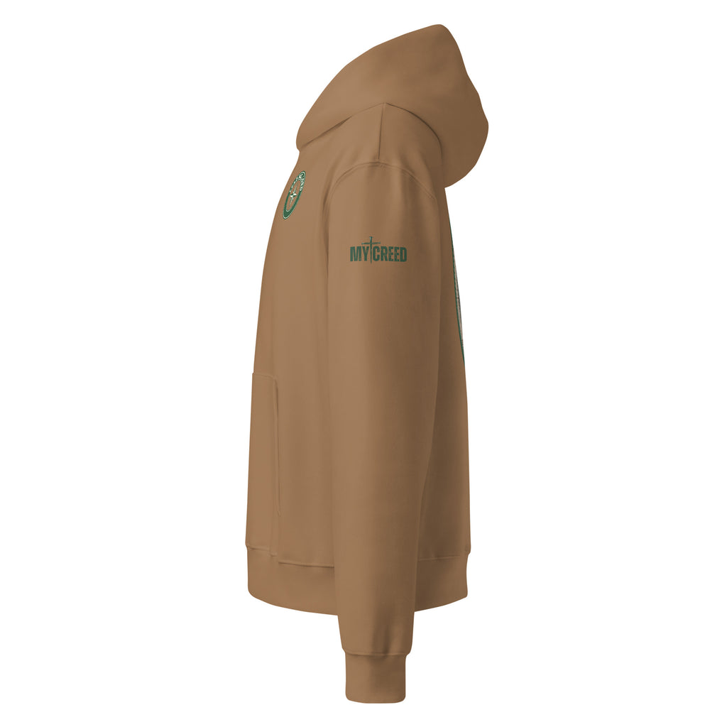 Side profile of vintage brown hoodie showing relaxed unisex silhouette, by MyCreed™
