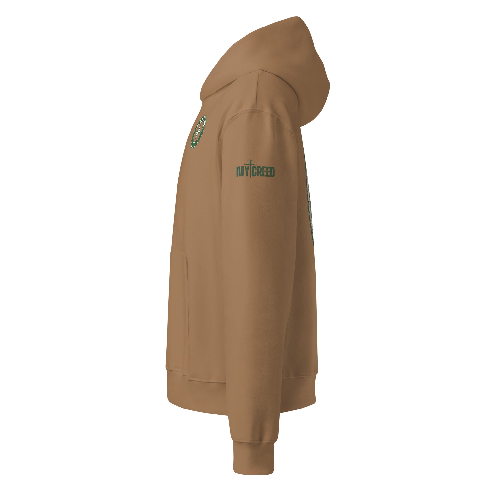 Side profile of vintage brown hoodie showing relaxed unisex silhouette, by MyCreed™
