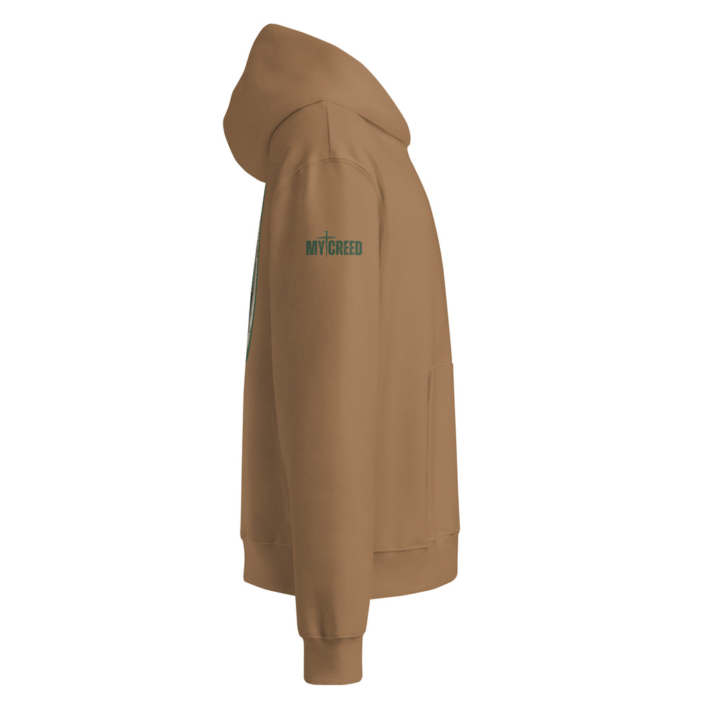 Side profile of vintage brown hoodie showing relaxed unisex silhouette, by MyCreed™