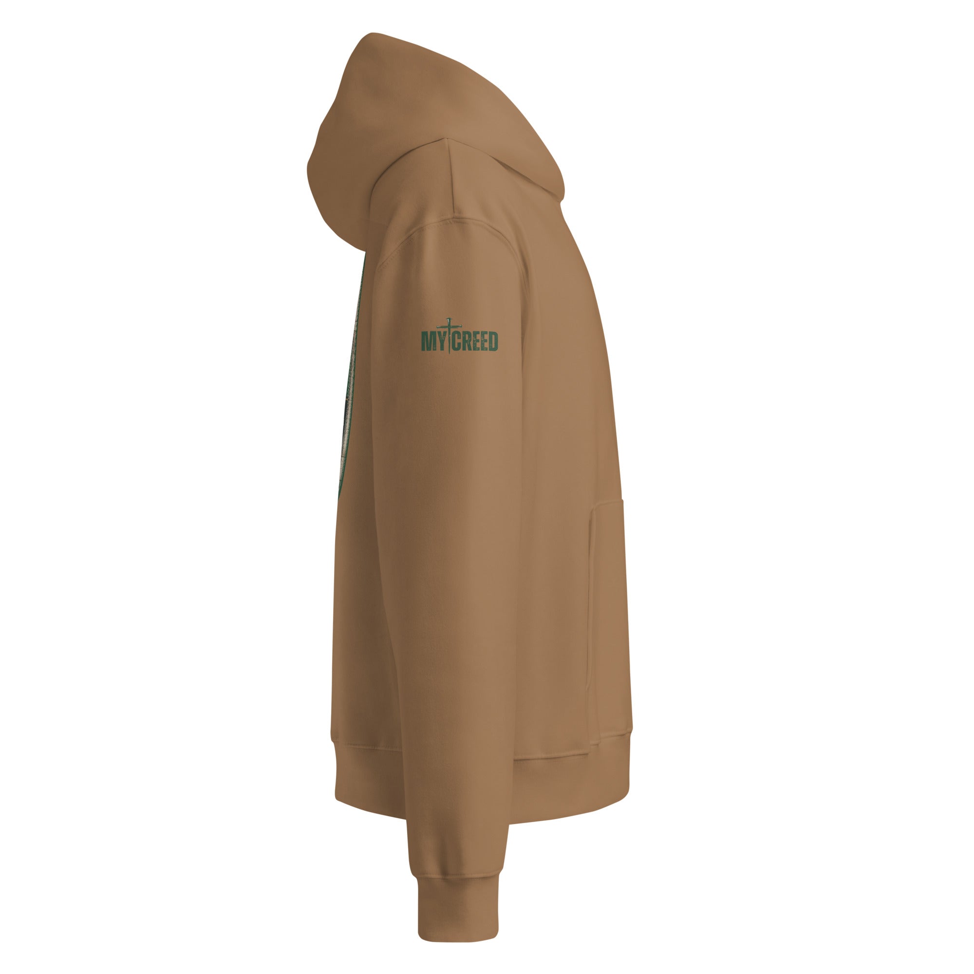 Side profile of vintage brown hoodie showing relaxed unisex silhouette, by MyCreed™
