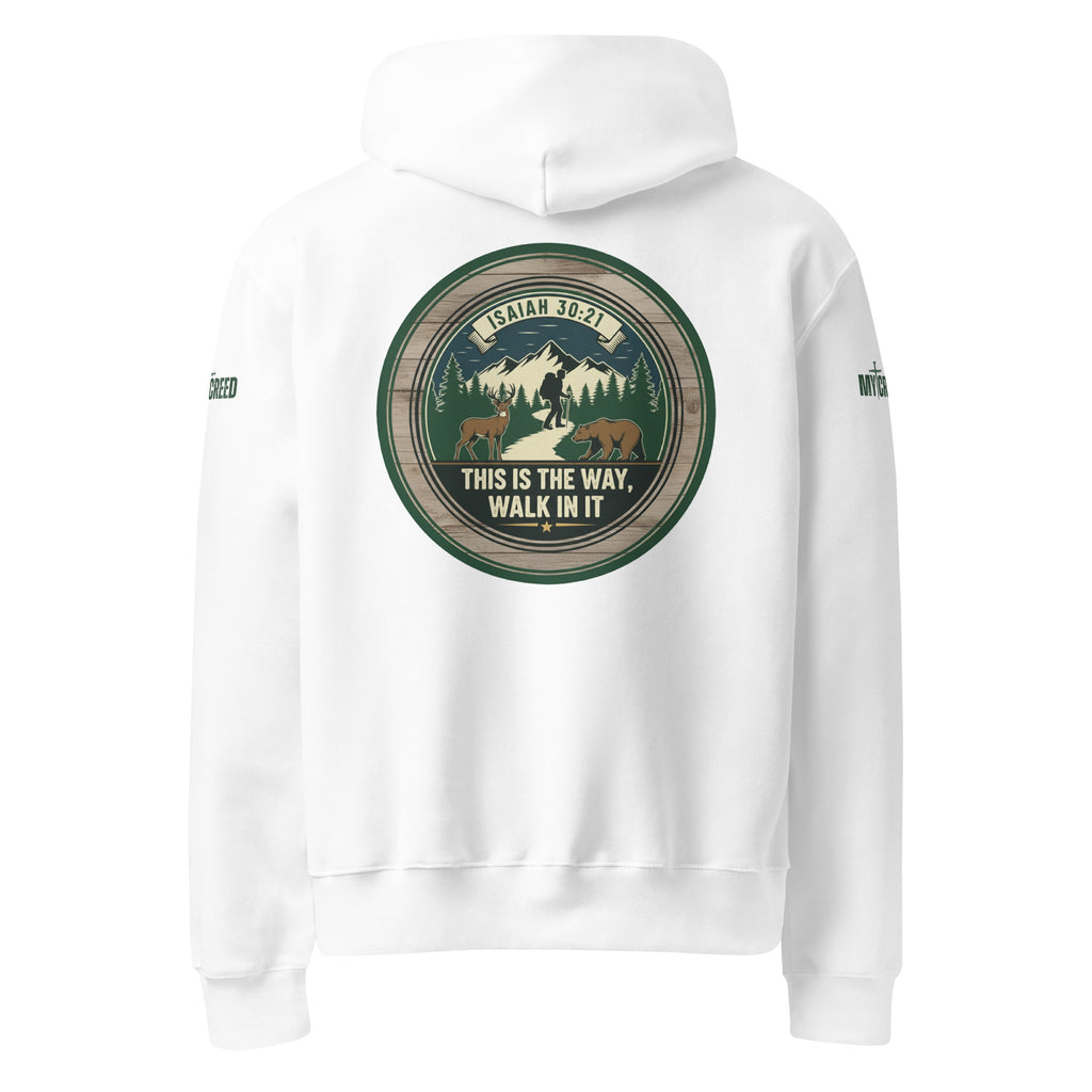 White hoodie featuring large circular “This Is The Way, Walk In It” Isaiah 30:21 design printed on the back, by MyCreed™