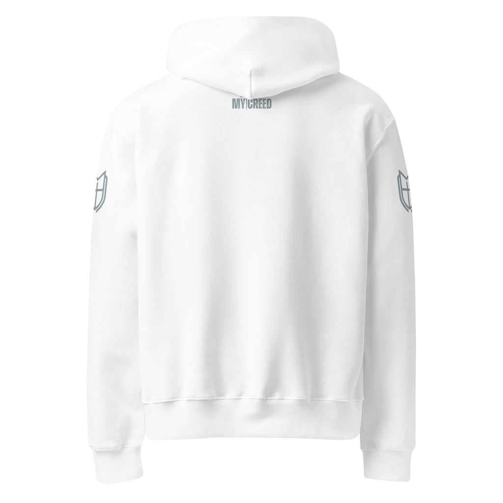 Back view of white Bella + Canvas 4719 hoodie showing clean, minimal silhouette, by MyCreed™