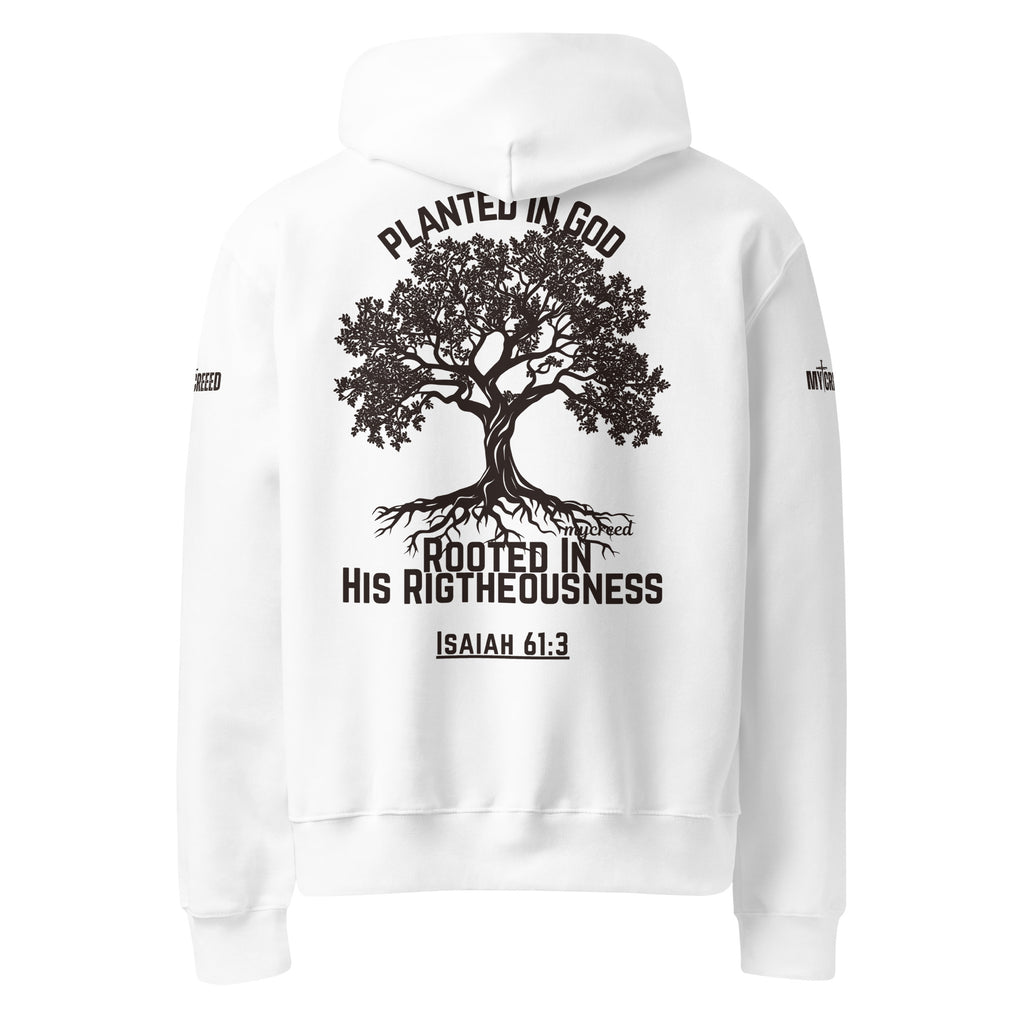White pullover hoodie back view with Planted in God tree graphic and Isaiah 61:3 by MyCreed™