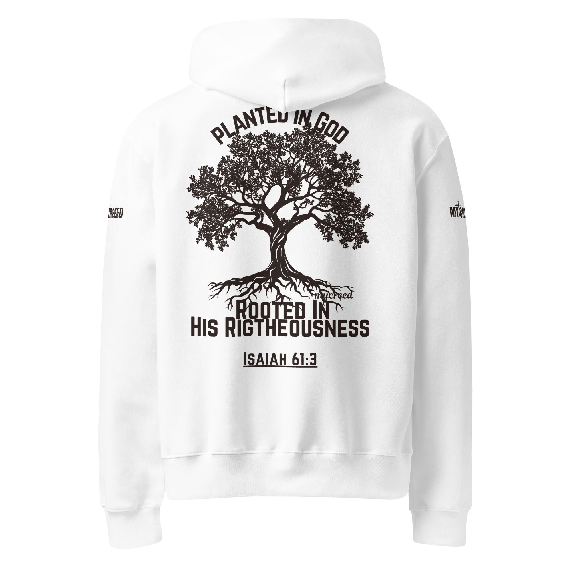 White pullover hoodie back view with Planted in God tree graphic and Isaiah 61:3 by MyCreed™