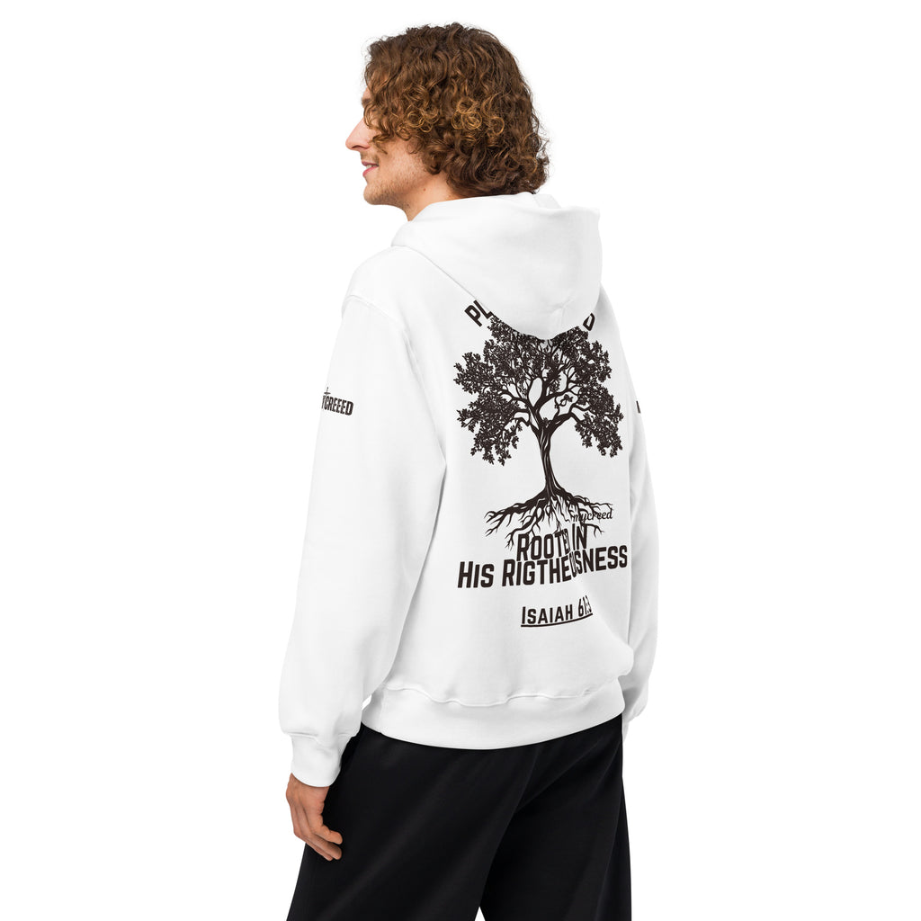 Male model wearing white hoodie, back angled view showing large tree back print by MyCreed™