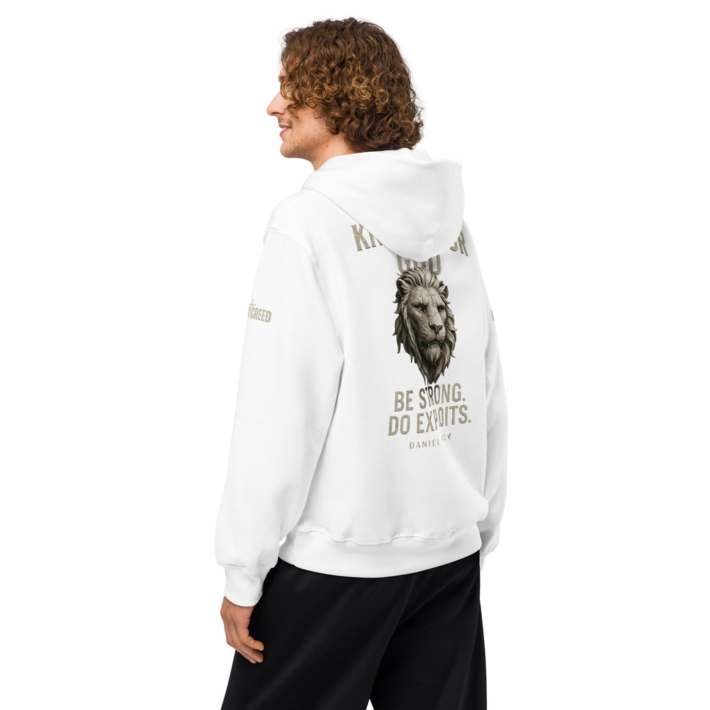 Model wearing Inspirational Christian white hoodie with back view Daniel 11:32 verse and bold lion artwork by MyCreed™