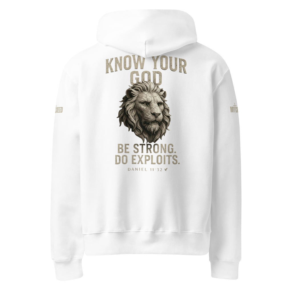 Back view Know Your God white hoodie with stone lion graphic and Daniel 11:32 scripture design by MyCreed™