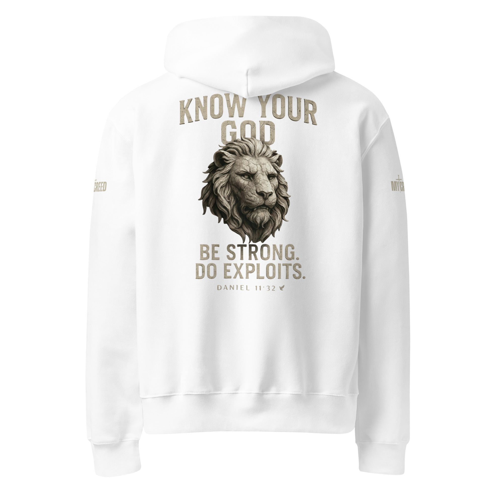 Back view Know Your God white hoodie with stone lion graphic and Daniel 11:32 scripture design by MyCreed™