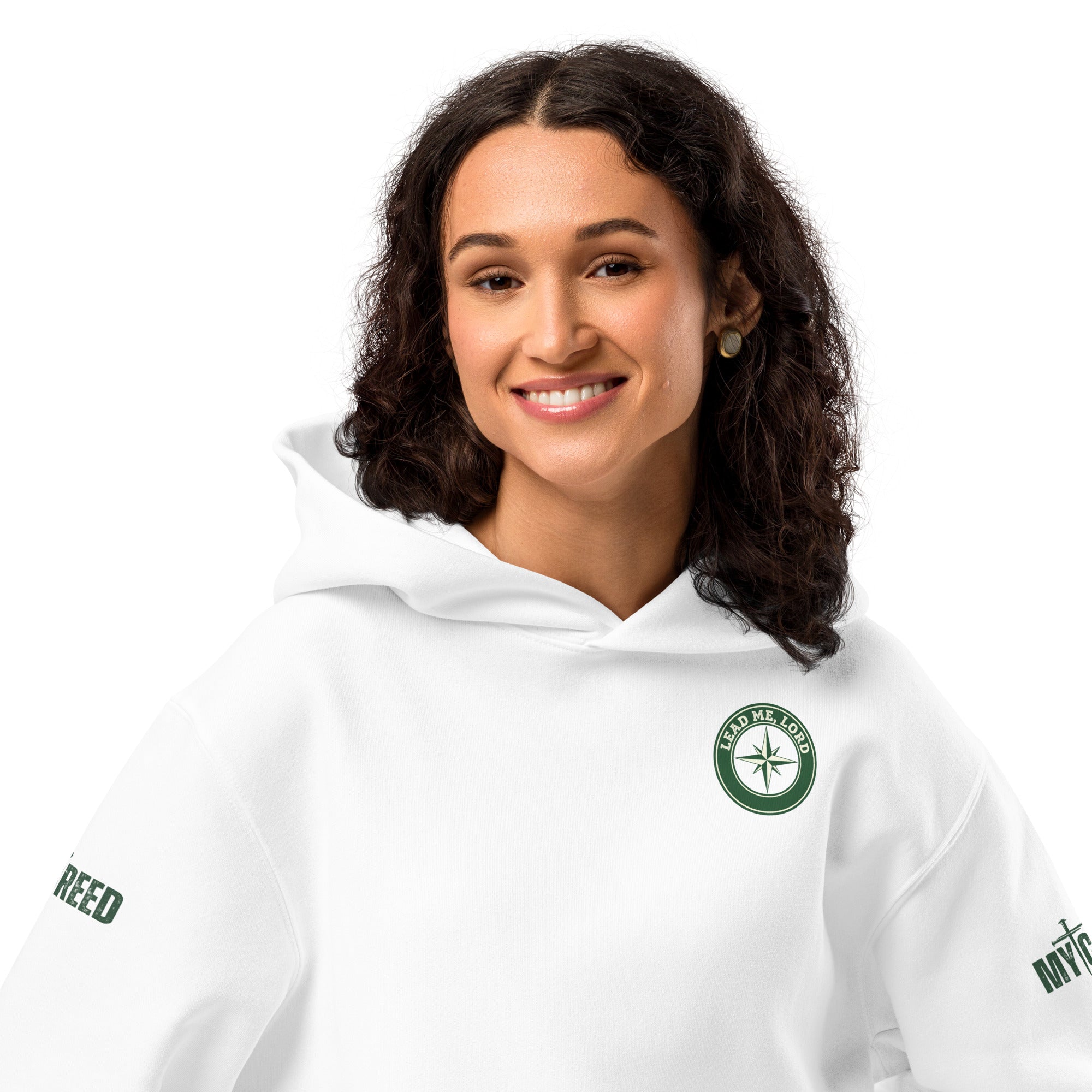 Model wearing white hoodie with front chest emblem from the This Is The Way Isaiah 30:21 design, by MyCreed™