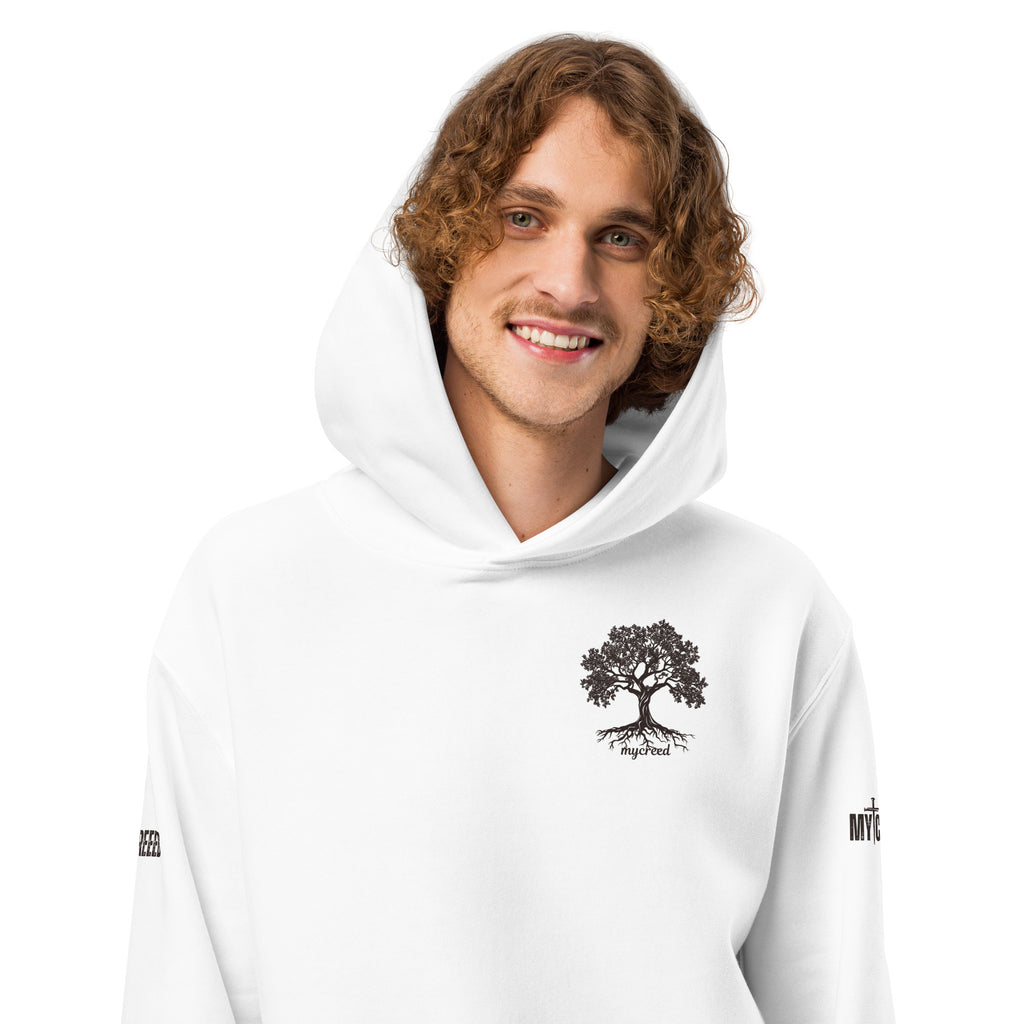 Male model wearing white hoodie, front view showing left-chest emblem by MyCreed™