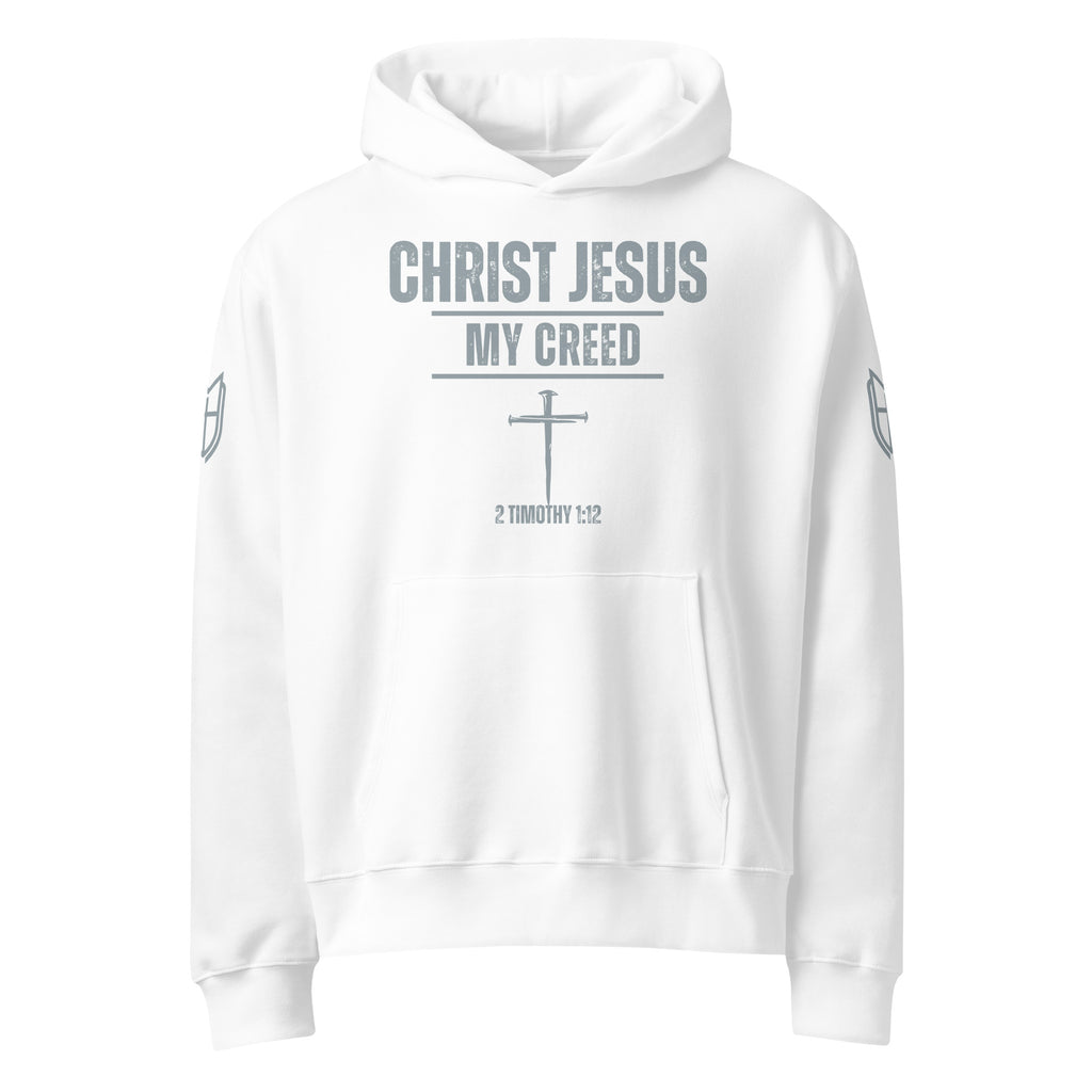 White Bella + Canvas 4719 hoodie featuring the Christ Jesus | My Creed faith design on the front, by MyCreed™