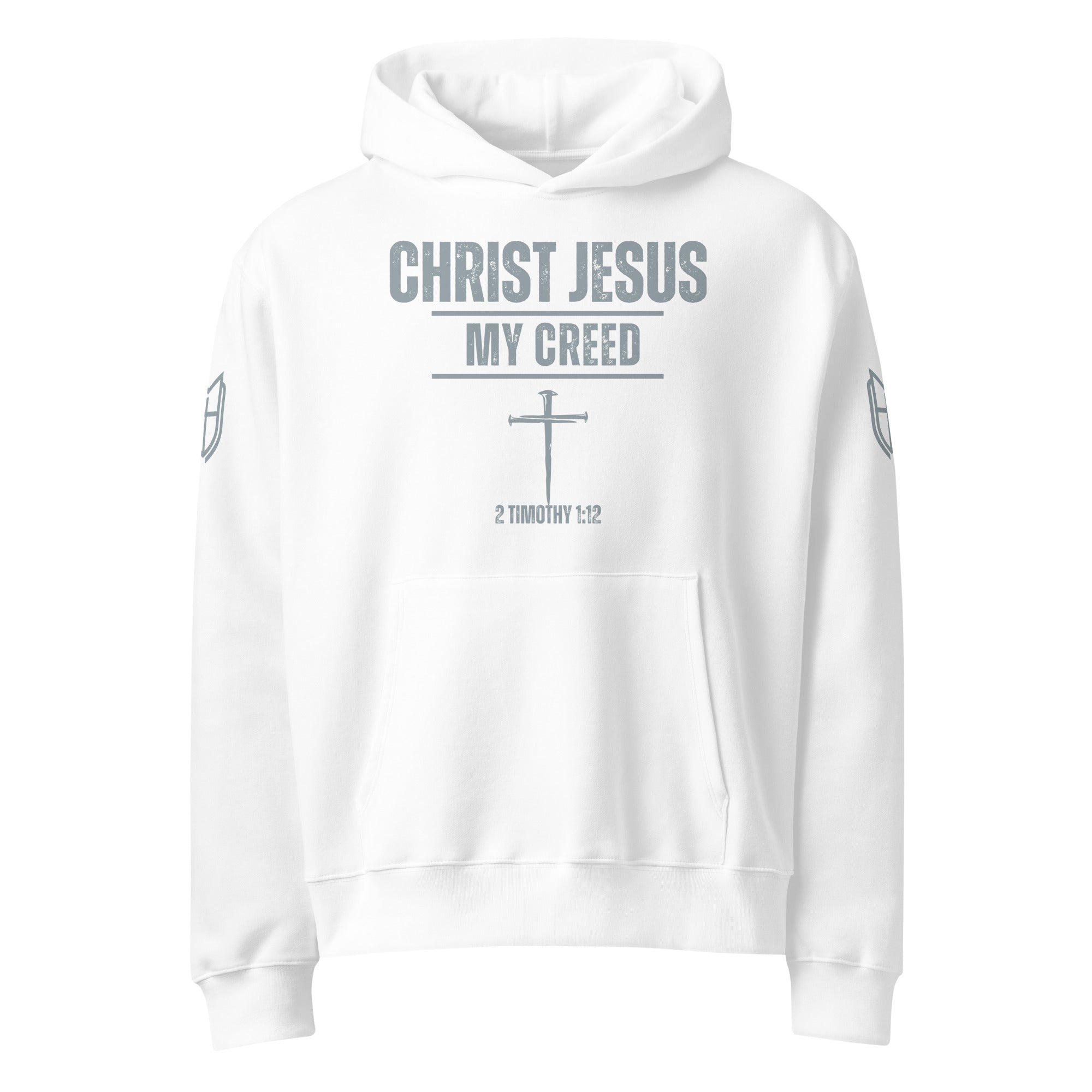 White Bella + Canvas 4719 hoodie featuring the Christ Jesus | My Creed faith design on the front, by MyCreed™