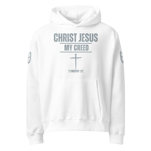 White Bella + Canvas 4719 hoodie featuring the Christ Jesus | My Creed faith design on the front, by MyCreed™
