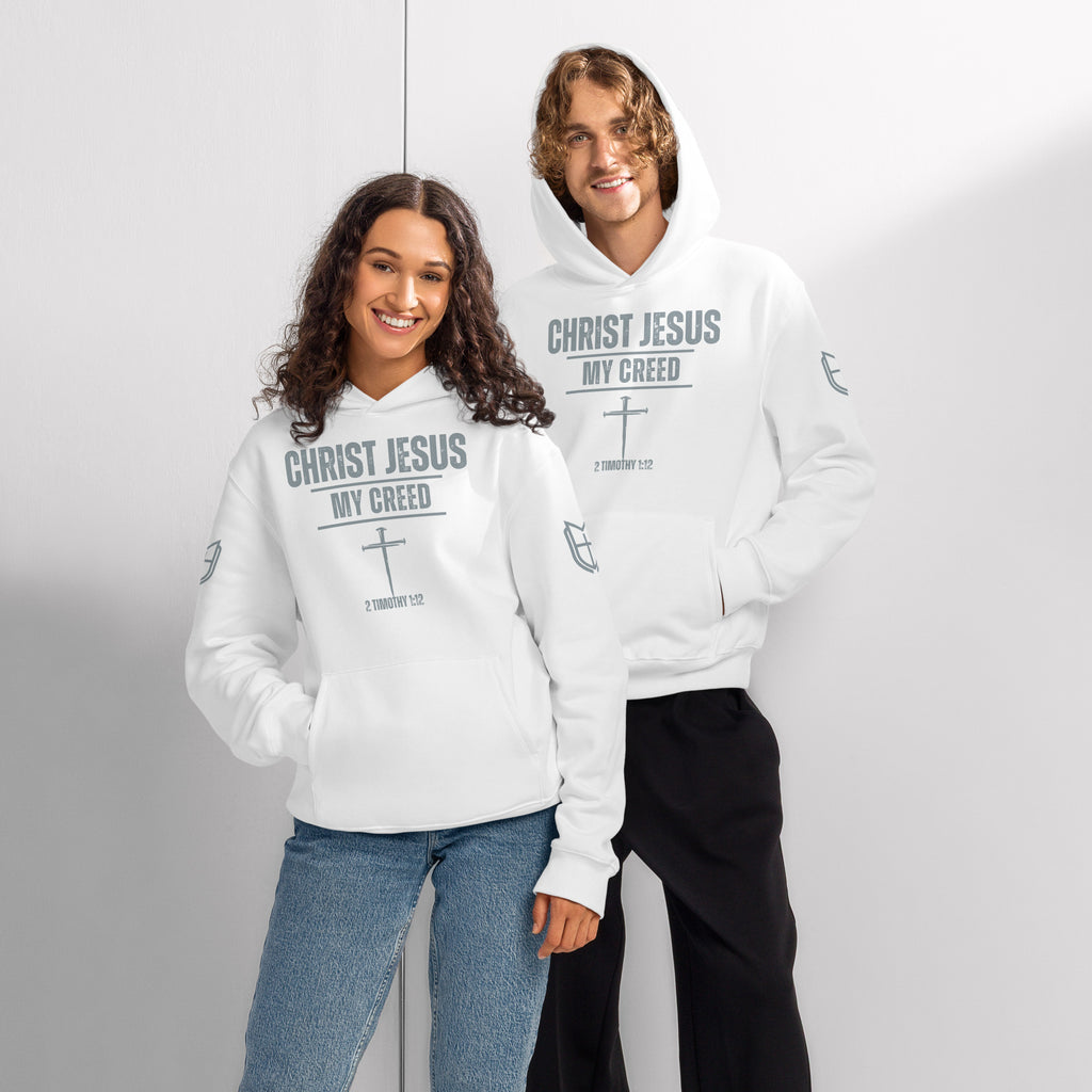 White Bella + Canvas 4719 hoodies worn by male and female models highlighting unisex fit, by MyCreed™