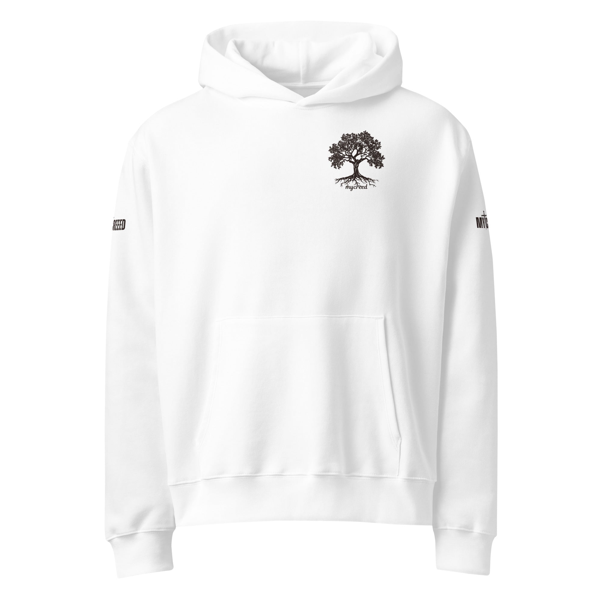 White pullover hoodie front view showing small left-chest tree emblem by MyCreed™
