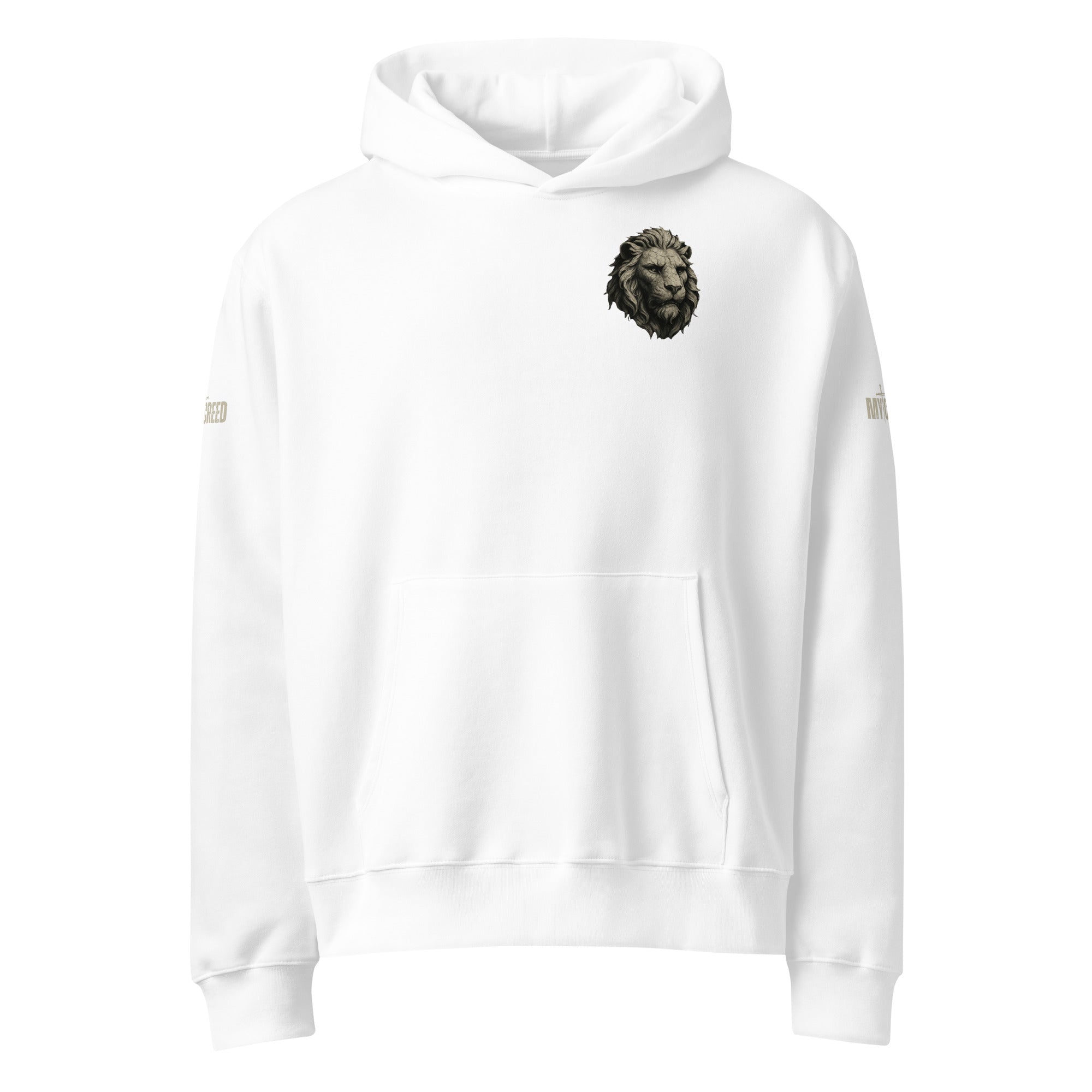 Front view Christian white hoodie featuring cracked stone lion and Know Your God message by MyCreed™