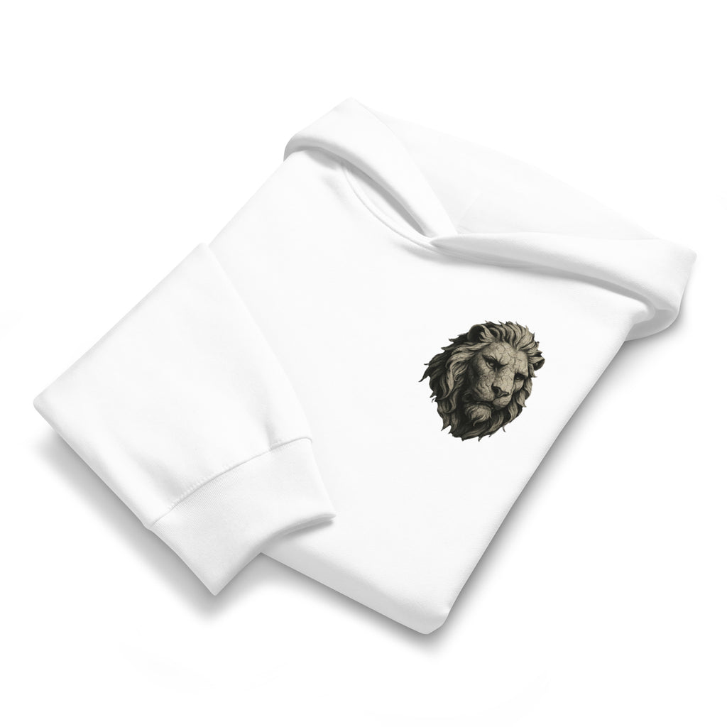 Folded close up front view Christian white hoodie featuring cracked stone lion by MyCreed™
