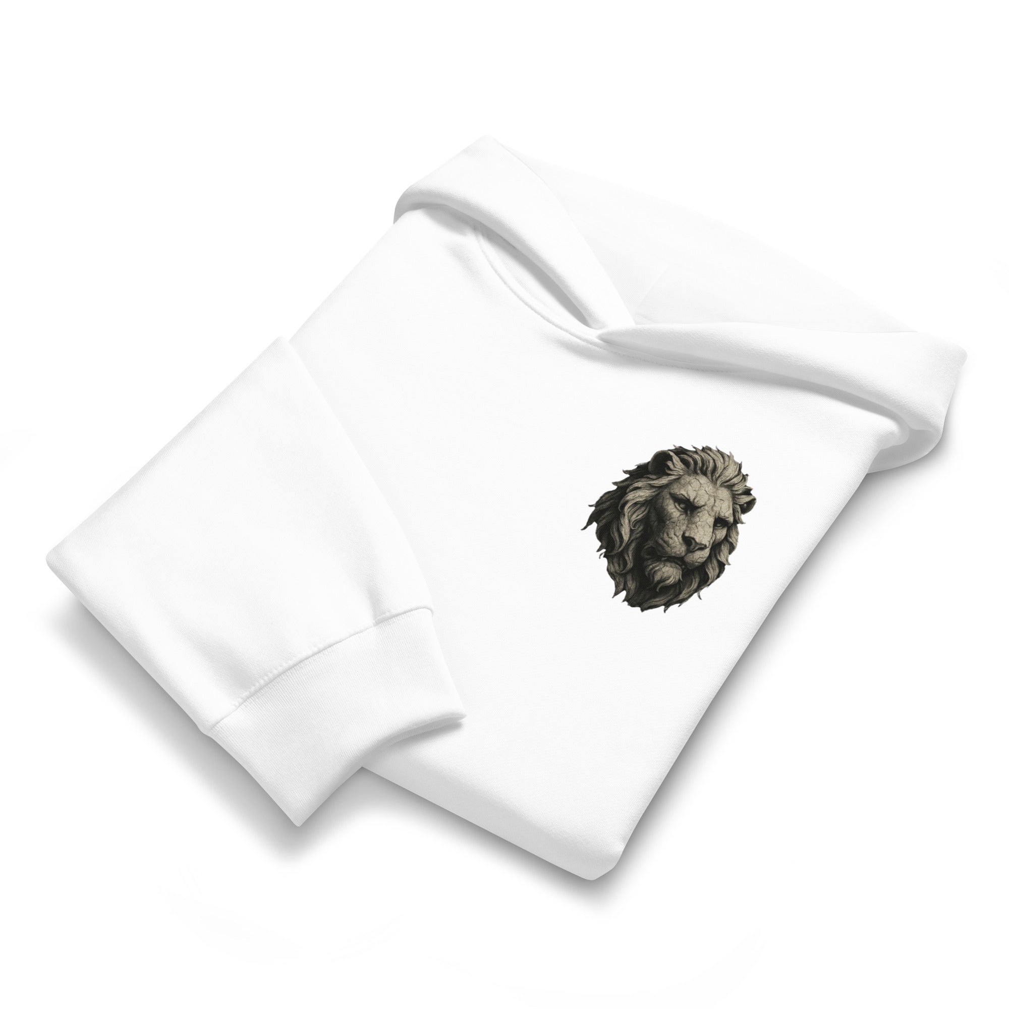 Folded close up front view Christian white hoodie featuring cracked stone lion by MyCreed™