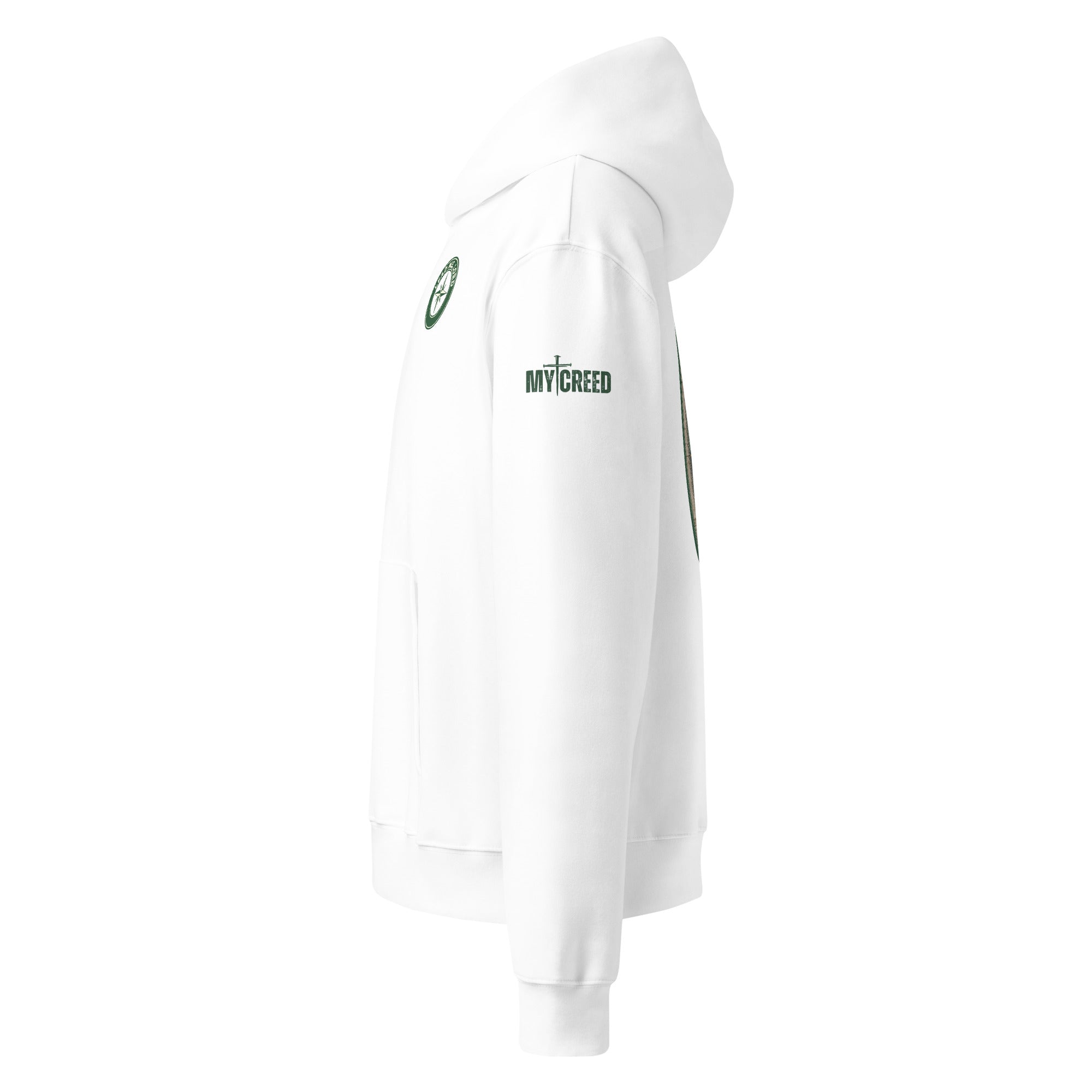 Side profile of white This Is The Way hoodie showing clean unisex fit and sleeve details, by MyCreed™