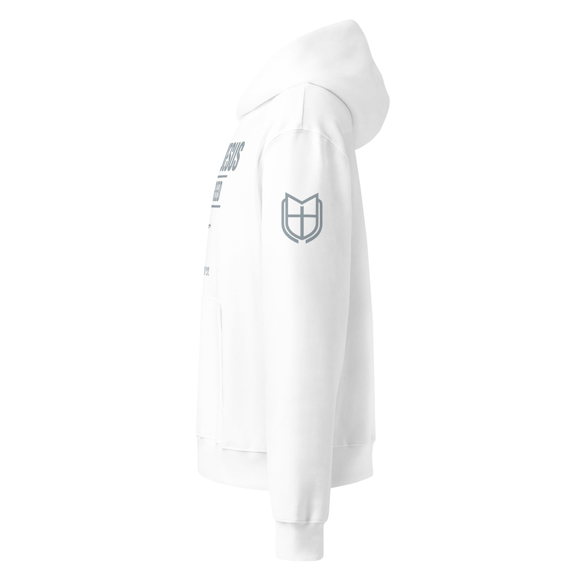 Side view of white Bella + Canvas 4719 hoodie highlighting unisex fit and sleeve length, by MyCreed™