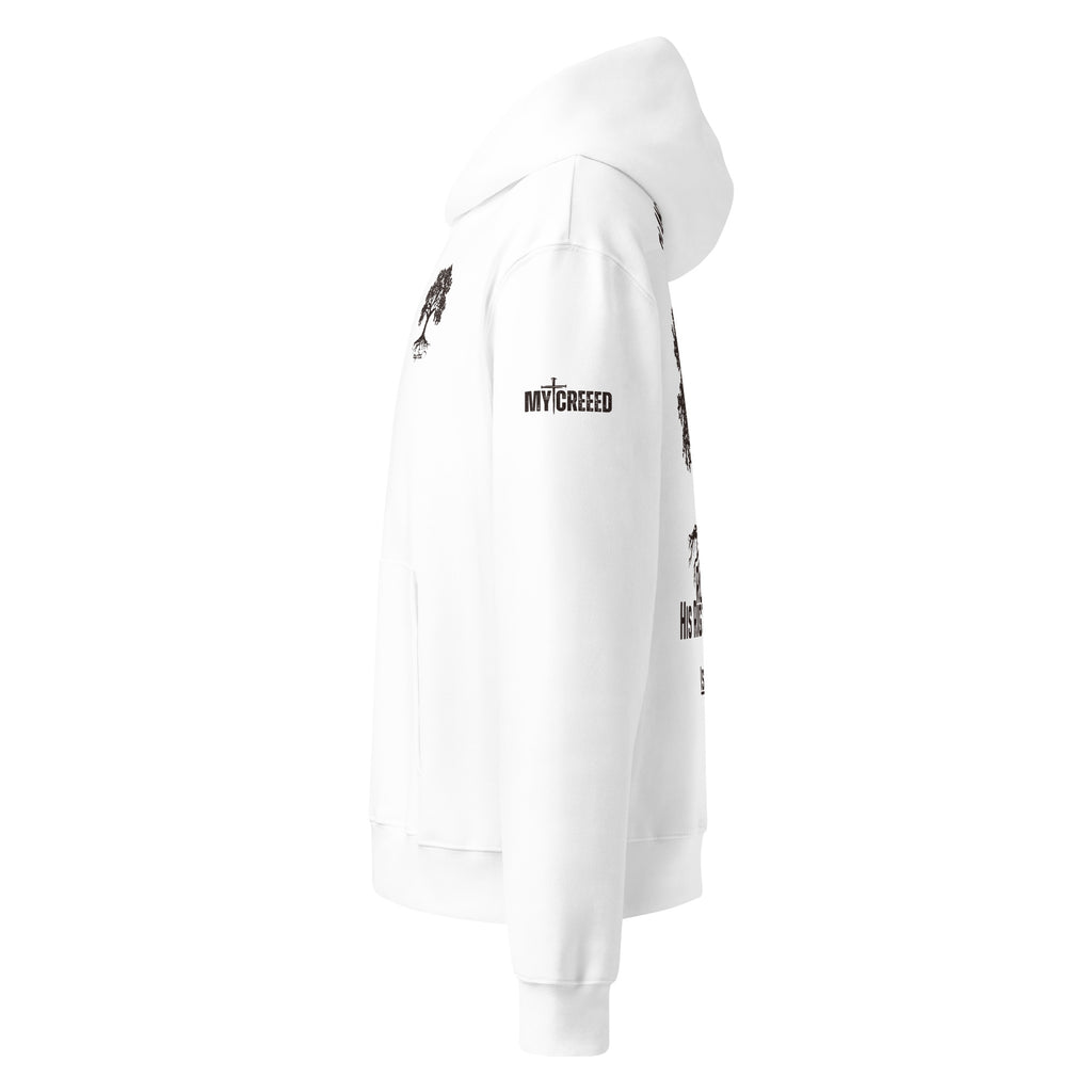 White pullover hoodie left side profile with sleeve print and hood detail by MyCreed™