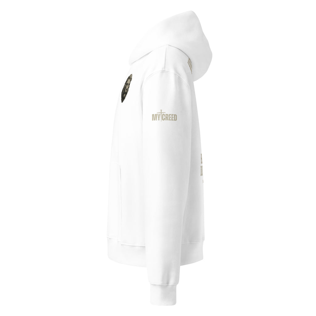 Left side view faith based white hoodie with My Creed logo by MyCreed™
