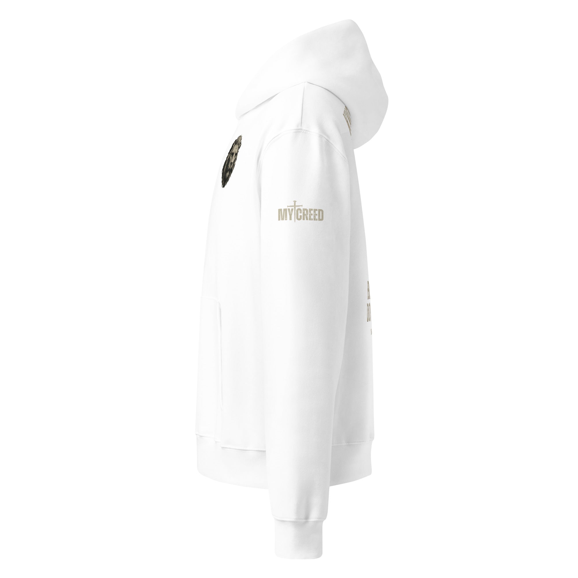 Left side view faith based white hoodie with My Creed logo by MyCreed™