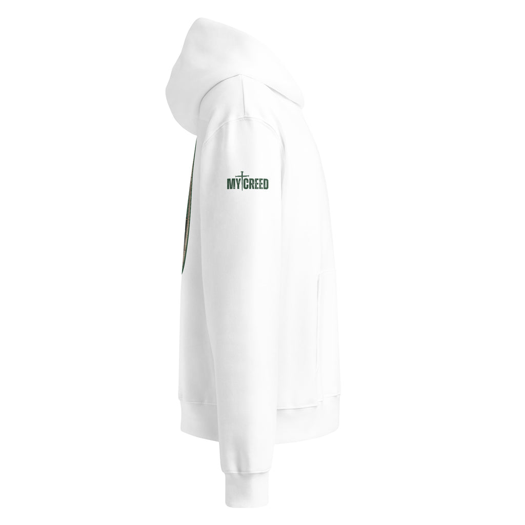 Alternate side angle of white hoodie highlighting minimalist design and premium fabric, by MyCreed™
