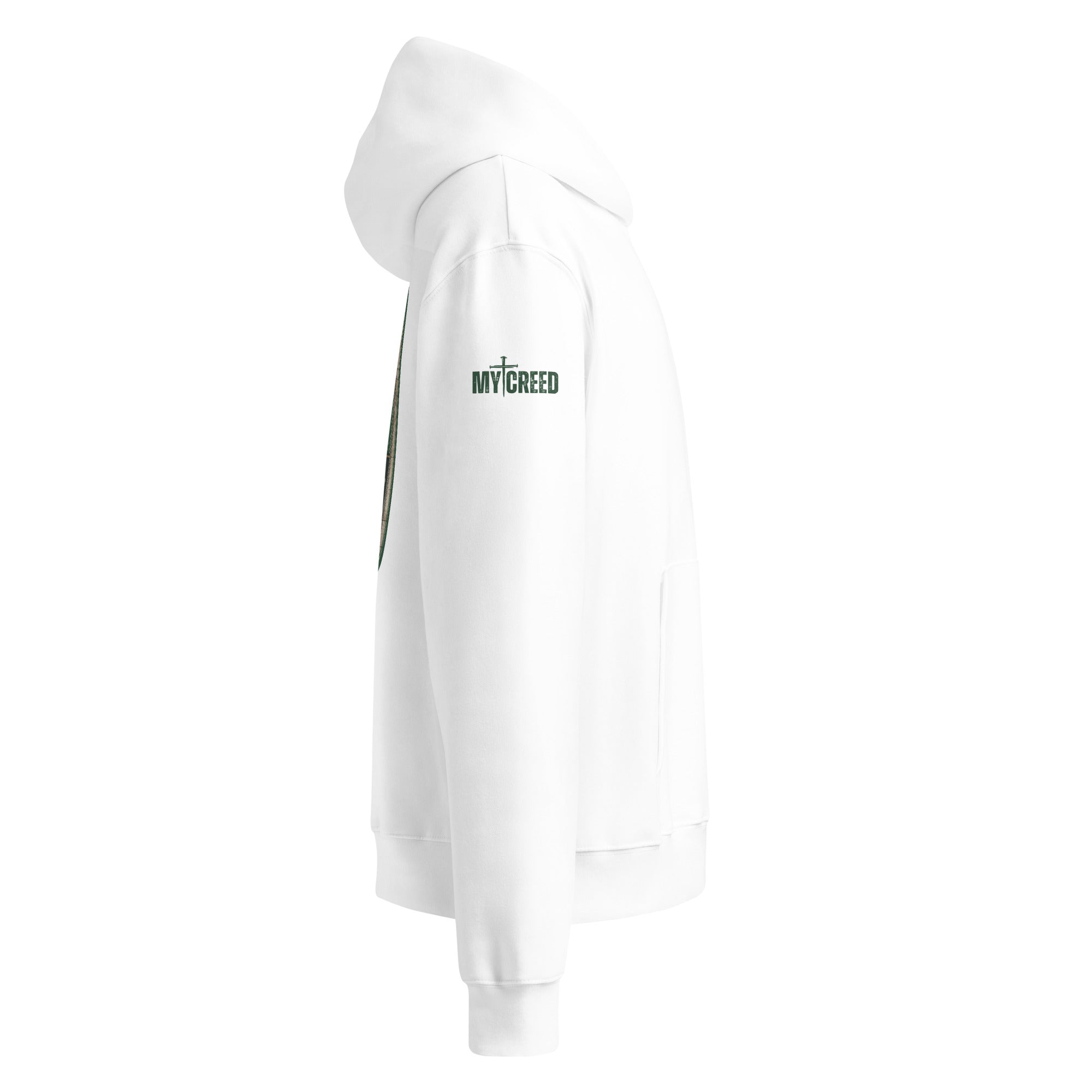 Alternate side angle of white hoodie highlighting minimalist design and premium fabric, by MyCreed™