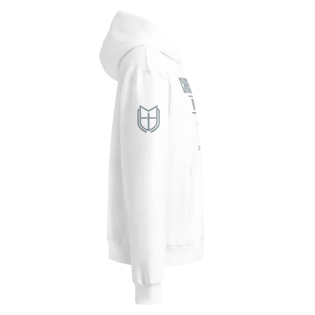Alternate side view of white Bella + Canvas 4719 hoodie with relaxed drape, by MyCreed™