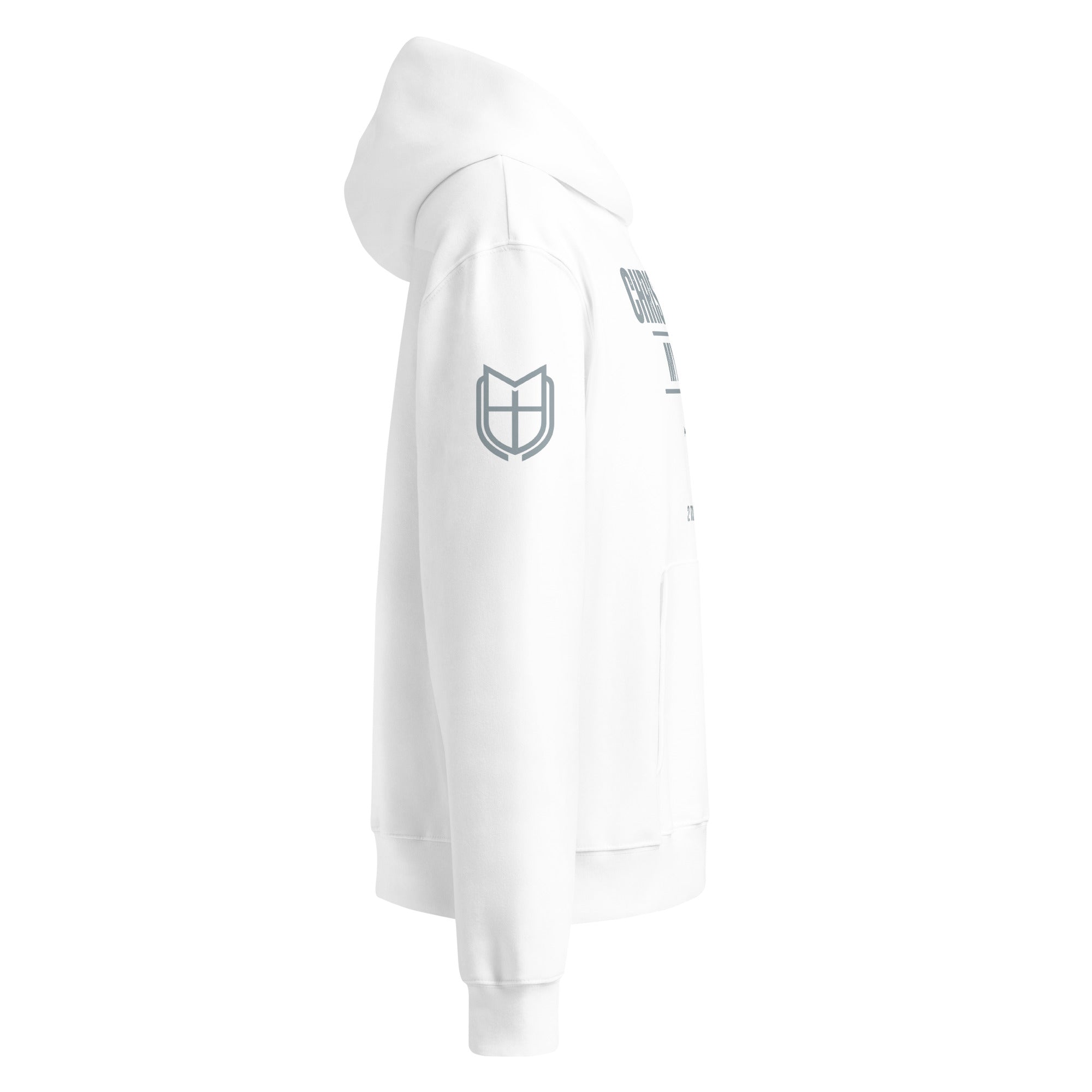 Alternate side view of white Bella + Canvas 4719 hoodie with relaxed drape, by MyCreed™