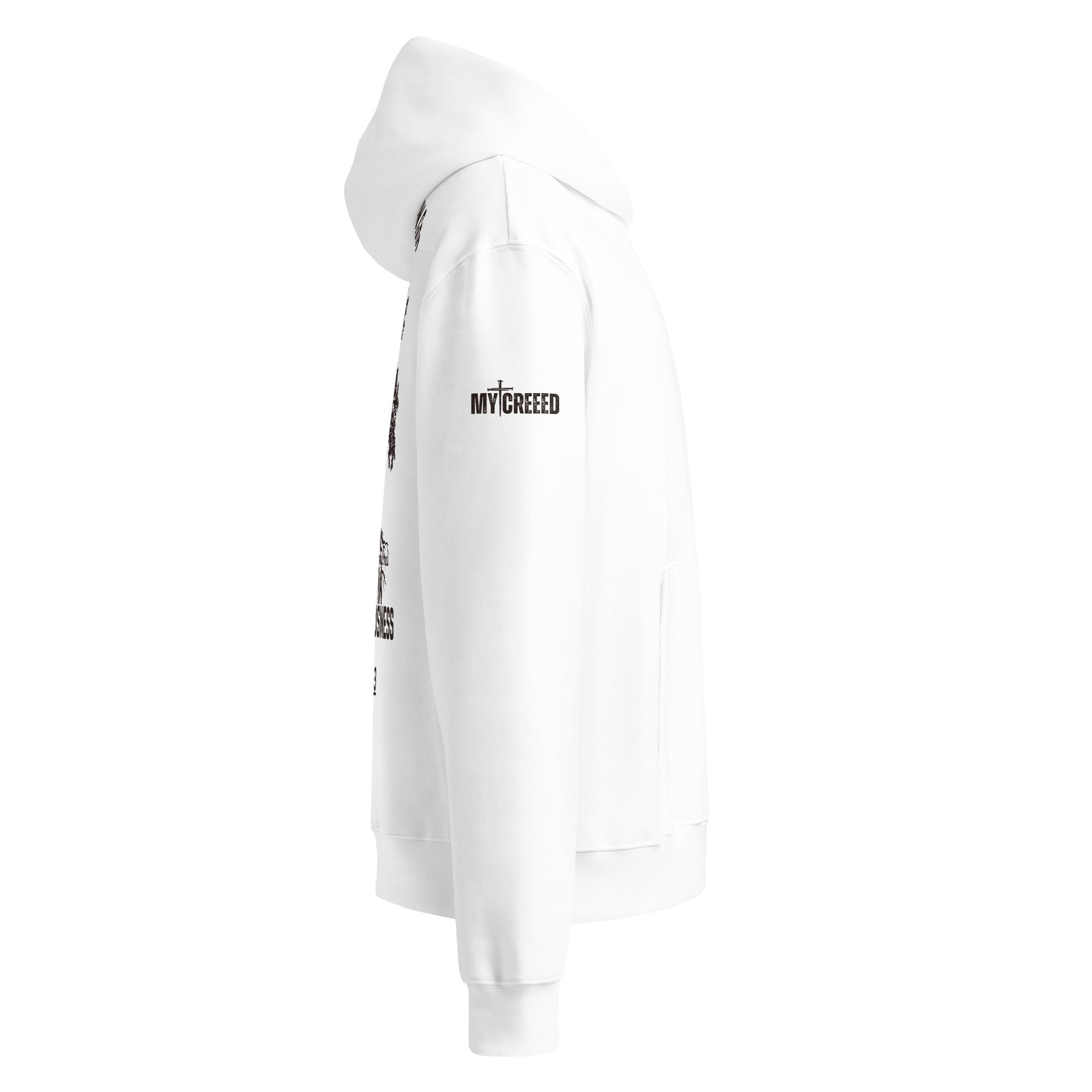 White pullover hoodie right side profile with sleeve print and hood detail by MyCreed™