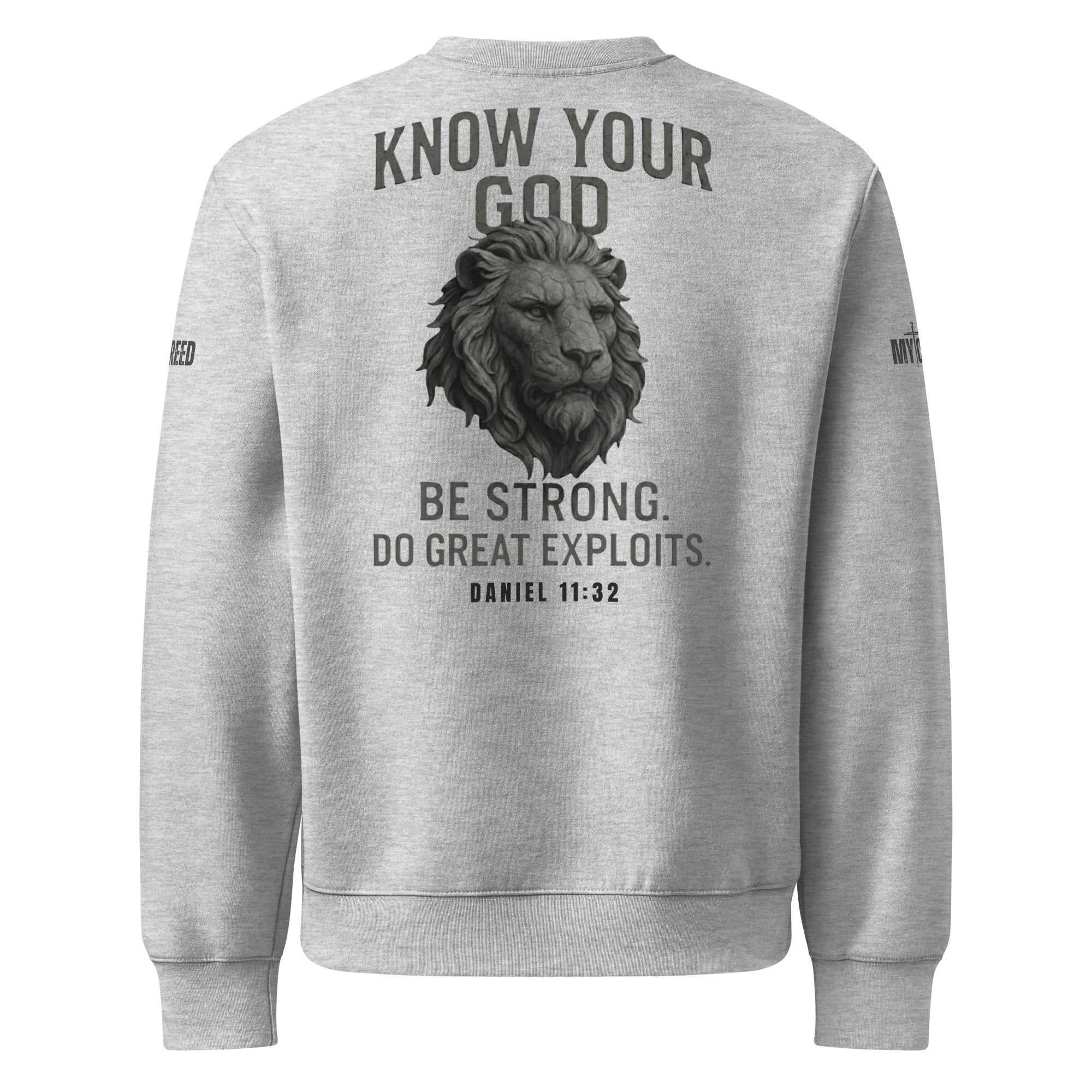 Athletic heather Know Your God sweatshirt front view with lion graphic and Daniel 11:32 by MyCreed™