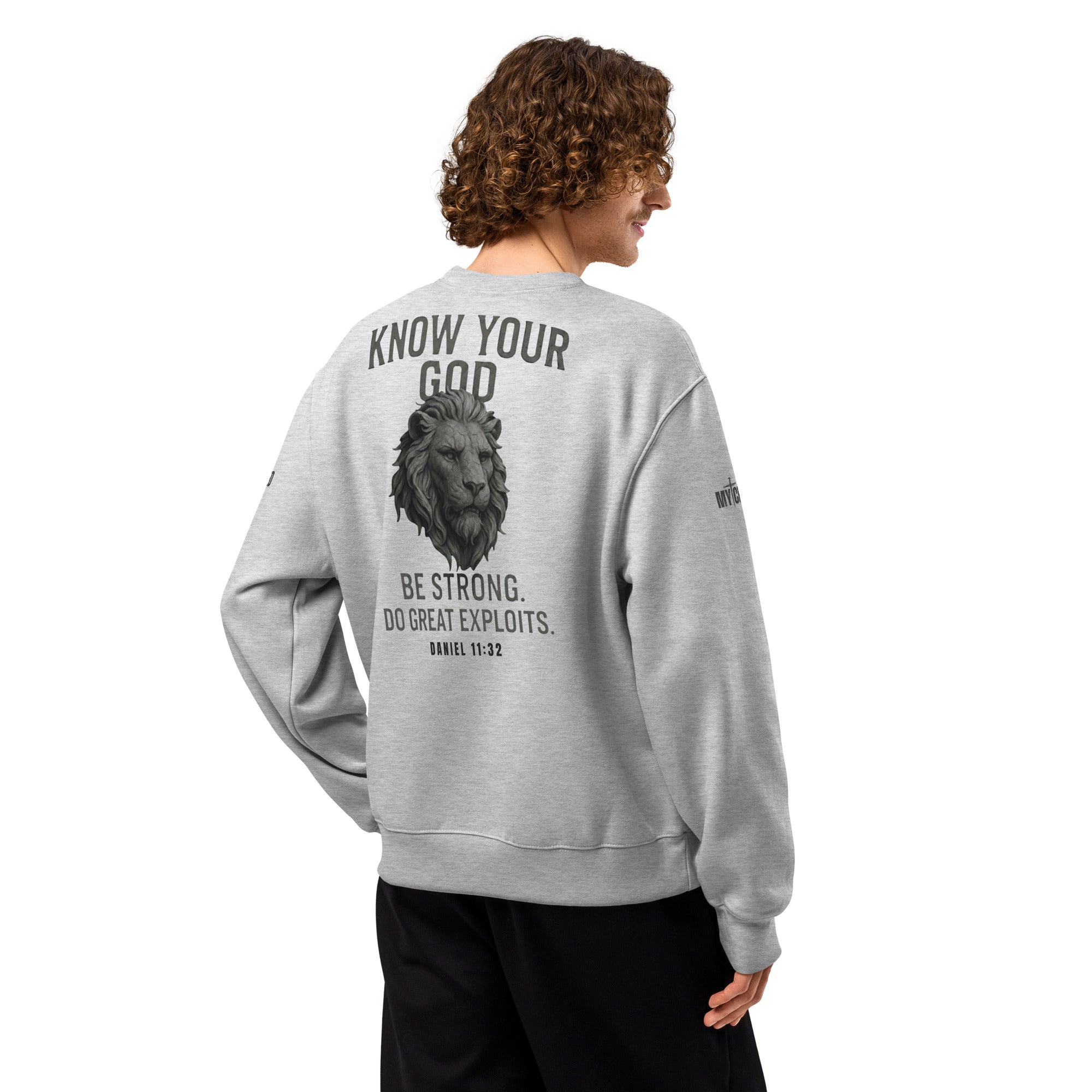 Athletic heather Know Your God sweatshirt back view worn by model by MyCreed™