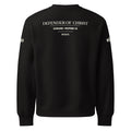 Black crewneck sweatshirt back view displaying the Defender of Christ design with Philippians 1:16 in parchment tone for high contrast on dark fabric, by MyCreed™
