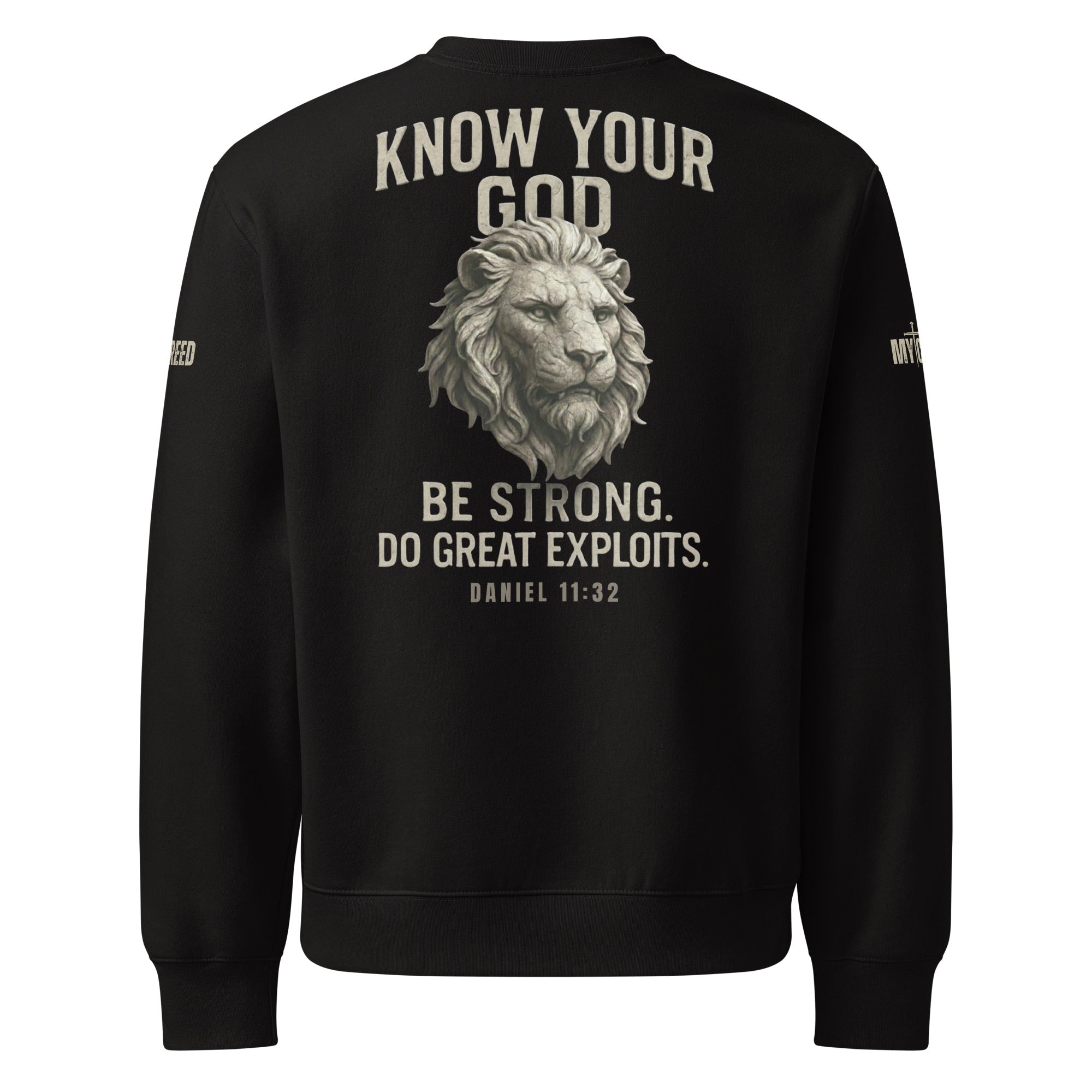 Black Know Your God sweatshirt front view with lion graphic and Daniel 11:32 by MyCreed™