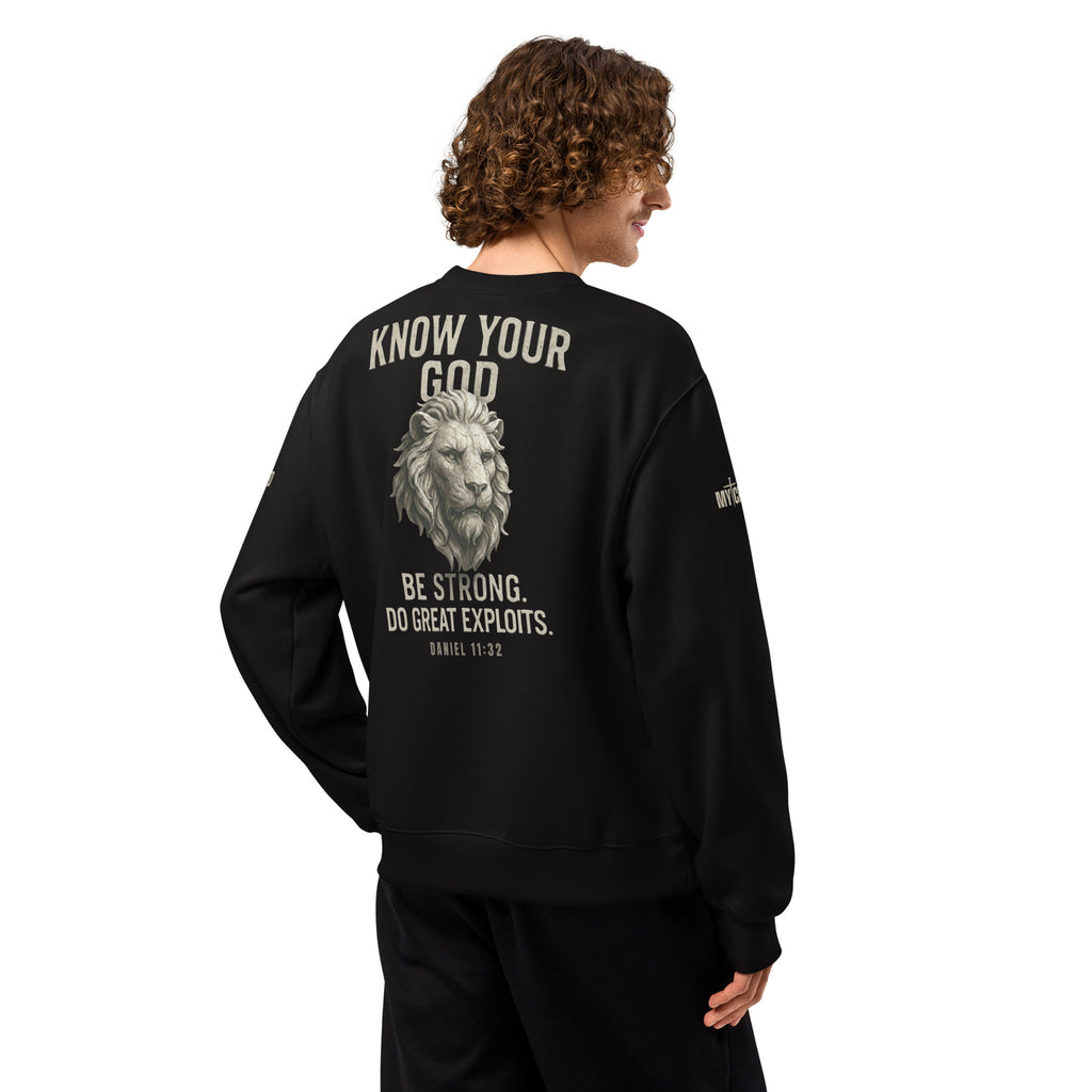 Black Know Your God sweatshirt back view worn by model by MyCreed™