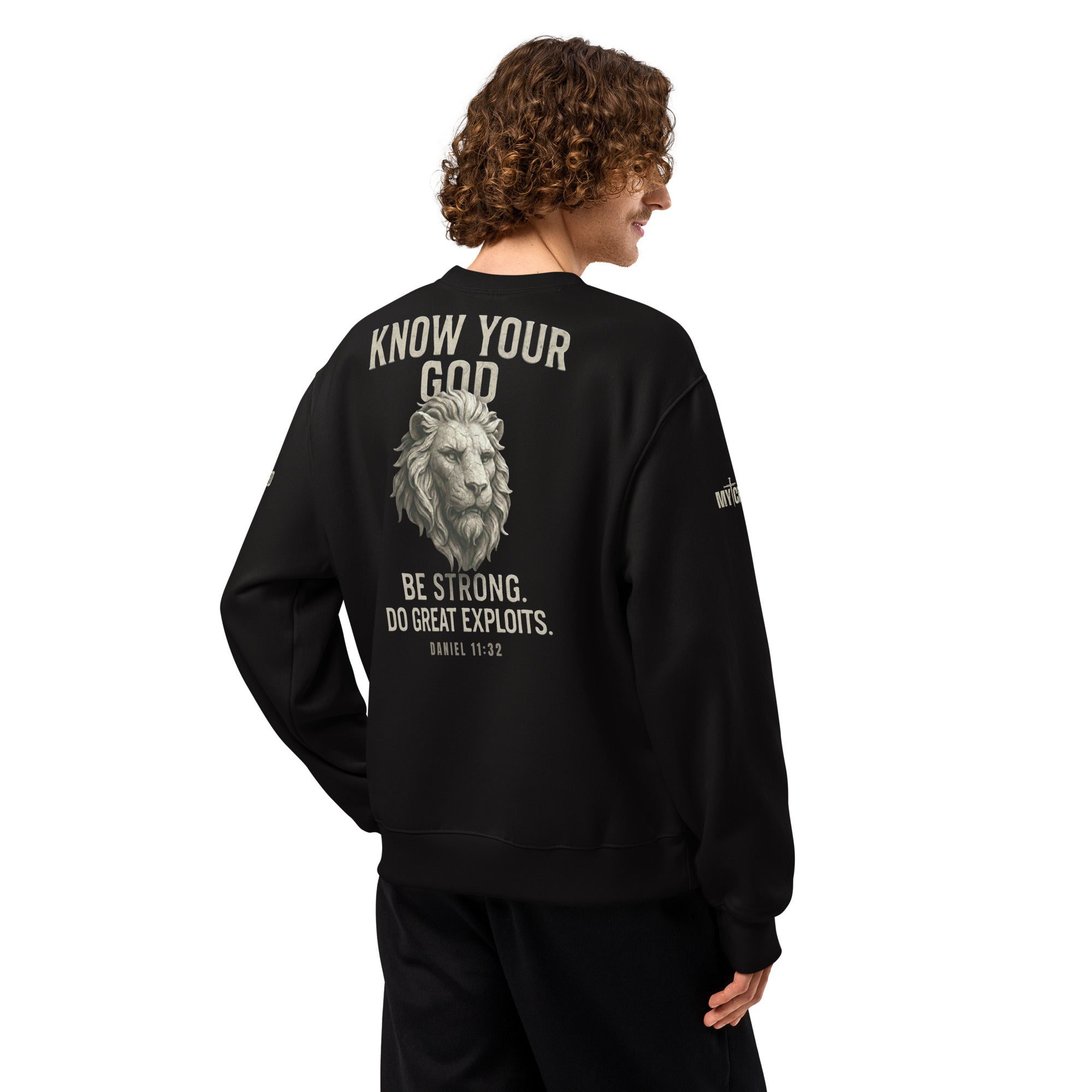 Black Know Your God sweatshirt back view worn by model by MyCreed™