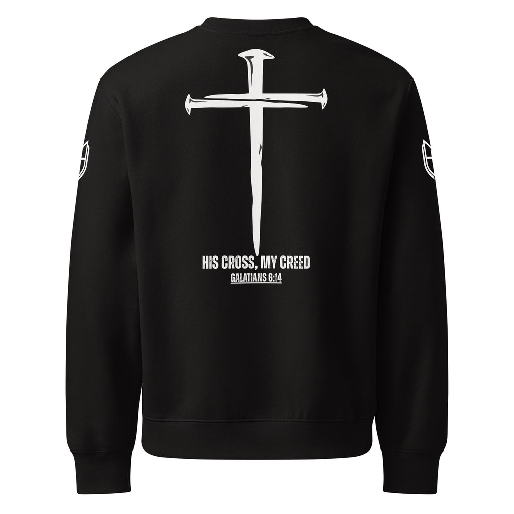 Black Bella+Canvas crewneck sweatshirt back view featuring bold vertical cross and His Cross, My Creed design, by MyCreed™