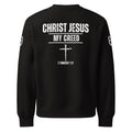 Black Bella+Canvas 4711 oversized sweatshirt featuring the Christ Jesus | My Creed design with cross and 2 Timothy 1:12 on back by MyCreed™
