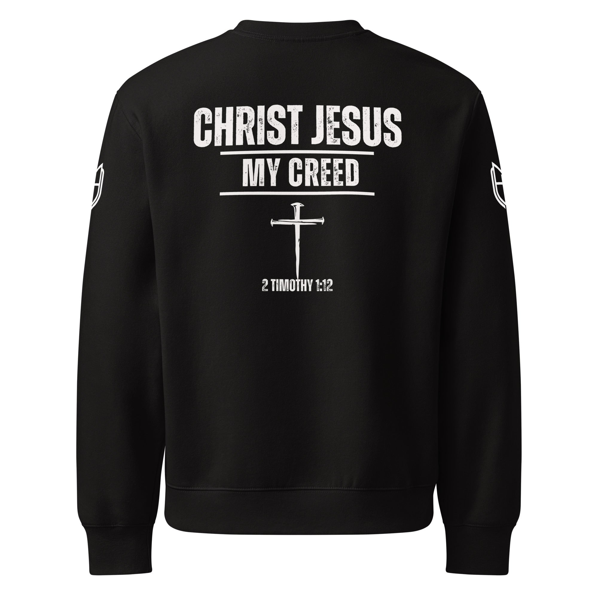 Black Bella+Canvas 4711 oversized sweatshirt featuring the Christ Jesus | My Creed design with cross and 2 Timothy 1:12 on back by MyCreed™