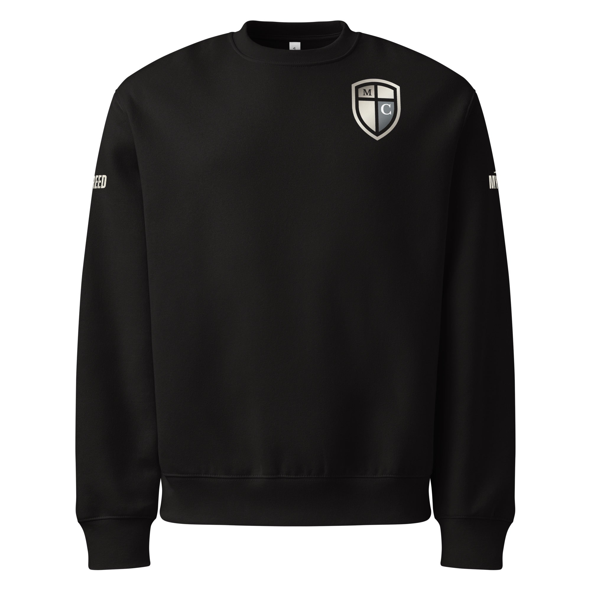 Black crewneck sweatshirt front view featuring the MyCreed shield emblem printed on the left chest in warm parchment ink for dark garments, by MyCreed™