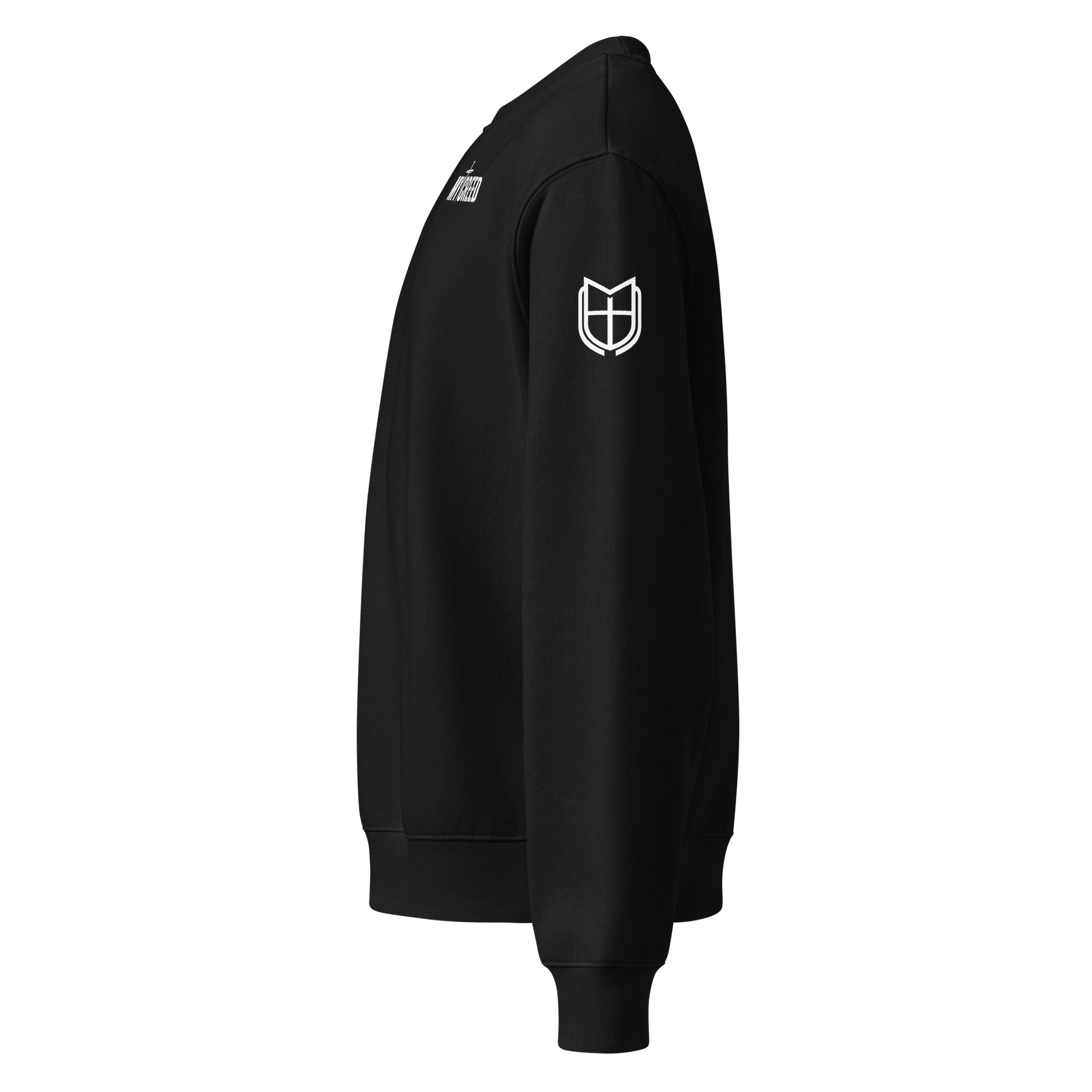 Black Bella+Canvas crewneck sweatshirt side view highlighting sleeve emblem and structured silhouette, by MyCreed™