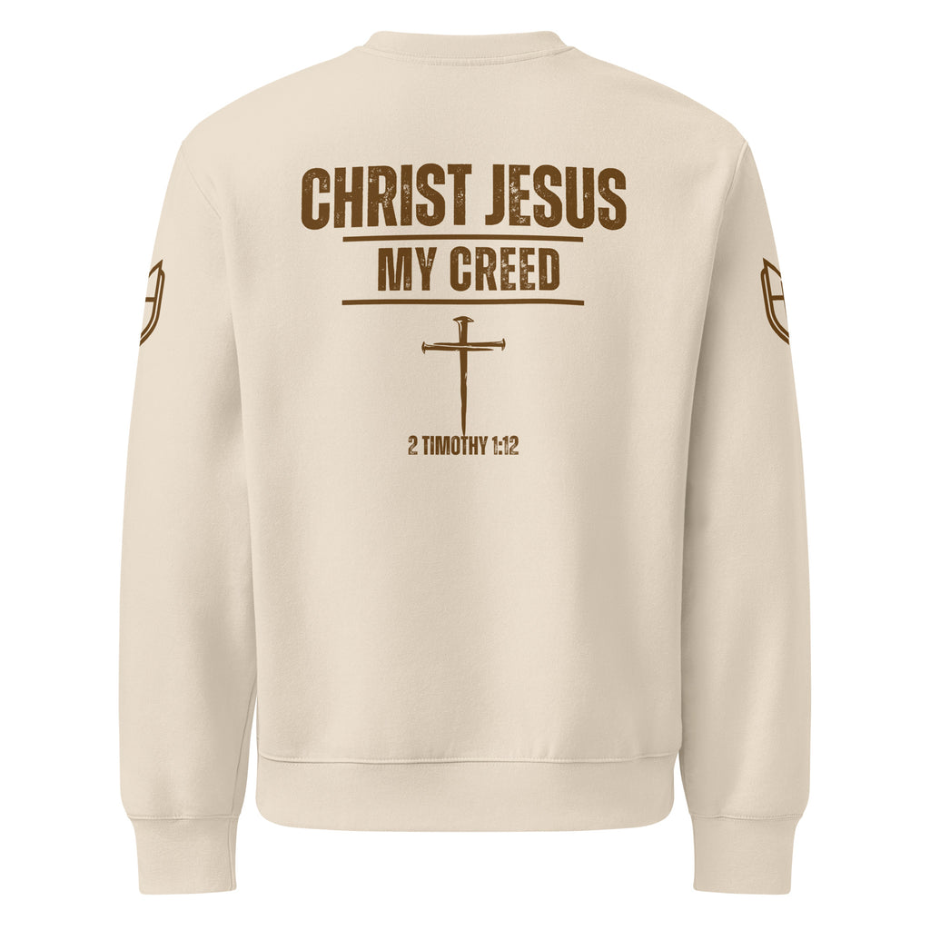 Dust Bella+Canvas crewneck sweatshirt back view featuring softened cross graphic and His Cross, My Creed typography, by MyCreed™