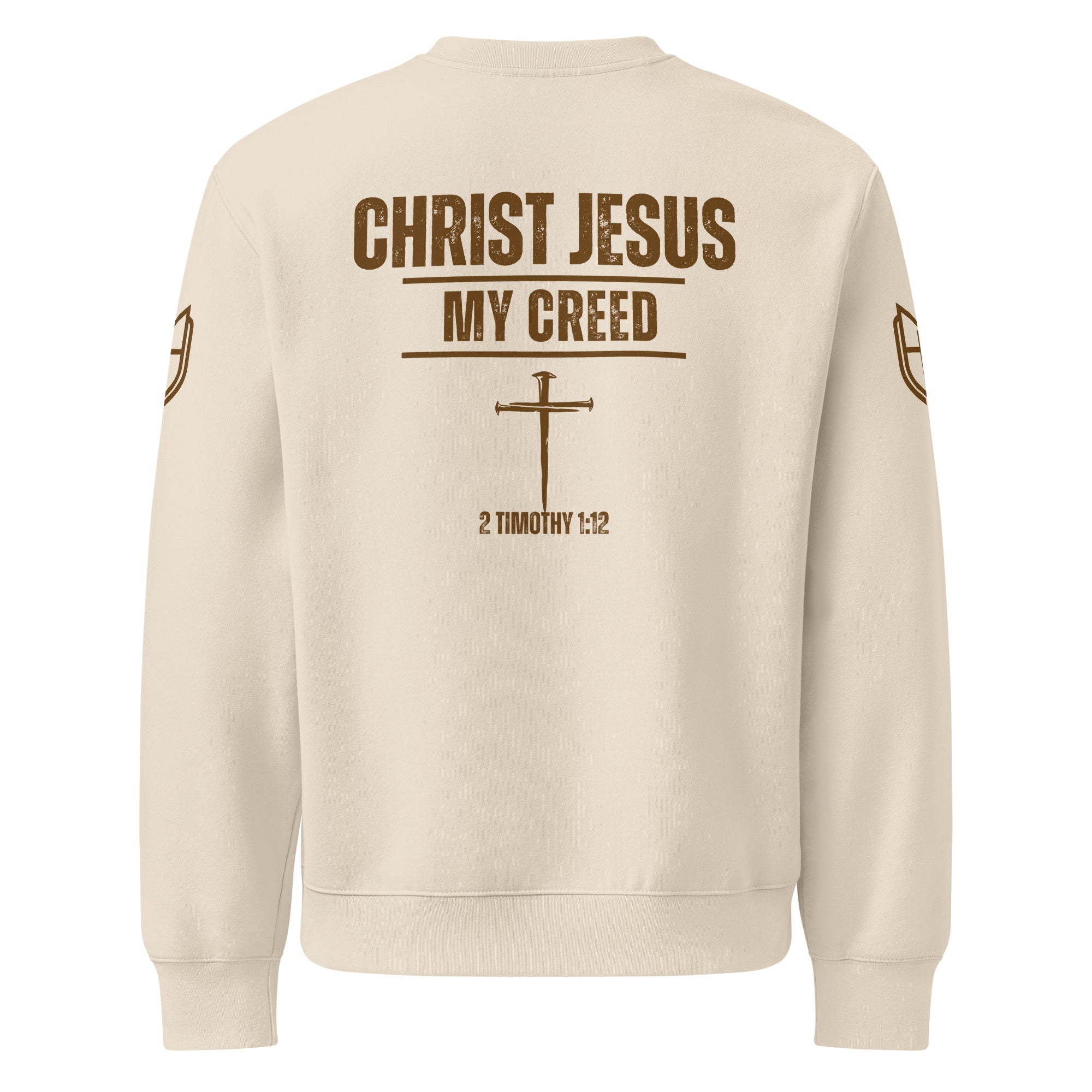 Dust Bella+Canvas crewneck sweatshirt back view featuring softened cross graphic and His Cross, My Creed typography, by MyCreed™