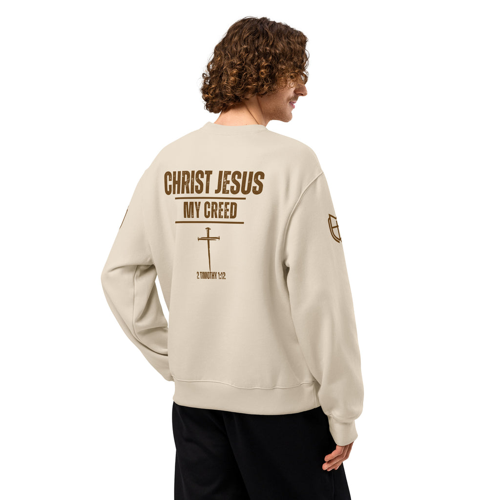 Dust Bella+Canvas crewneck sweatshirt worn by model, back view displaying faith-driven cross design, by MyCreed™